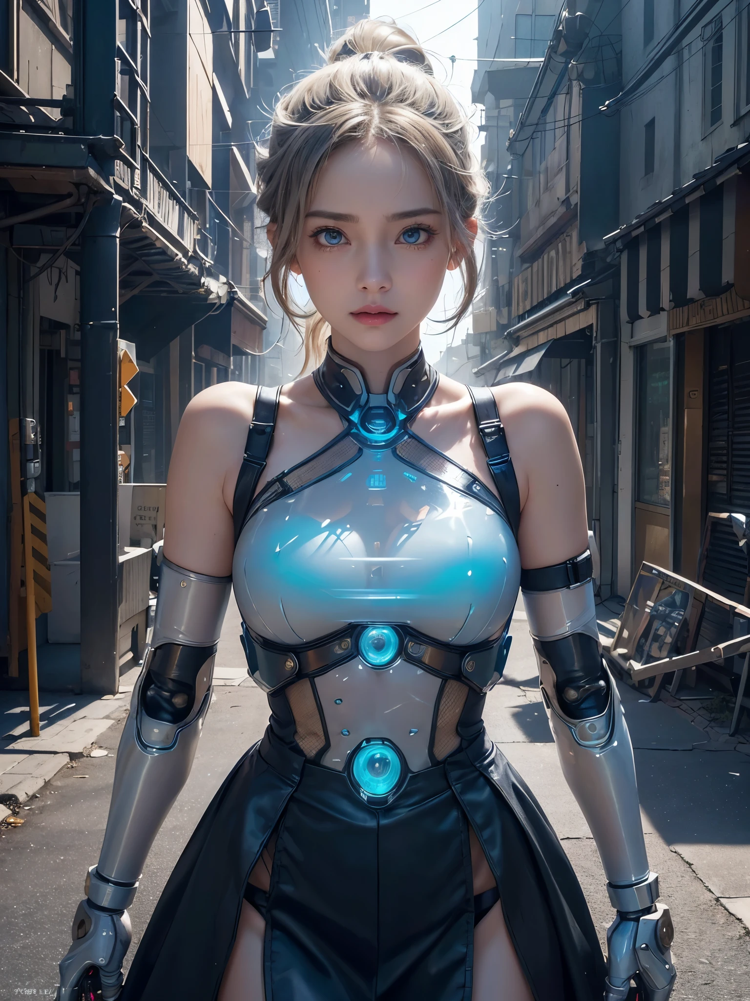 ((A half-mechanical girl with a human torso and translucent mechanical limbs)),
((Her limbs are translucent and revealing the internal electronic circuitry)),
Sleeveless jacket and frilly skirt,
Bright blue eyes,
Long ponytail hair,
Post-apocalyptic city background,
Standing on the street,
beautiful face, (detailed face), 
(from front),
White highlights, Halftone, Sensual,
Highest quality, Realistic, Photo Realistic, Award-winning photography, (Intricate details), (Subtle details), (Intricate details), (Cinematic Light), Sharp focus, 
