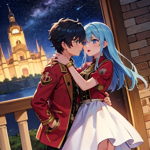 A girl with blue eyes and light blue hair, red blouse with gold plates on her body, pink panties, a gold bracelet and white skirt affectionately kissing a boy with short black hair on the lips, ojos marrones, lentes, red jacket with a night castle behind them and shooting stars in the sky