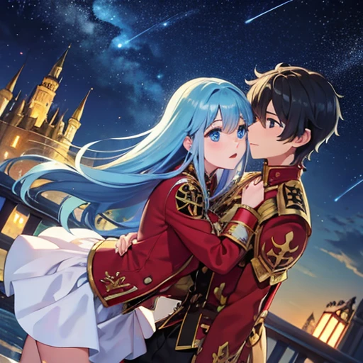 A girl with blue eyes and light blue hair, red blouse with gold plates on her body, pink panties, a gold bracelet and white skirt affectionately kissing a boy with short black hair on the lips, ojos marrones, lentes, red jacket with a night castle behind them and shooting stars in the sky