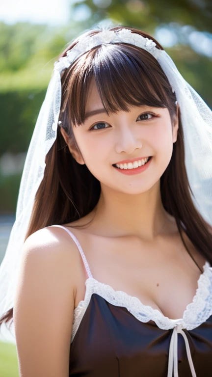 Highest quality、high resolution、High definition、HD、  ahe face, (Nitta Minami,  ahe face, Long Hair、Medium chest、Brown Hair、Brown eyes、Glossy lips、Glowing Skin、Realistic skin texture)、negligee,pink frilly dress,Veil,long gloves,lace panty,Staring at me、Love me、blush、Laughing with your mouth open), ahe face,  blue eyes,  Maid Head Accessories,  ahe face, Flower Eyes,  yandere,  drool, Grin, 