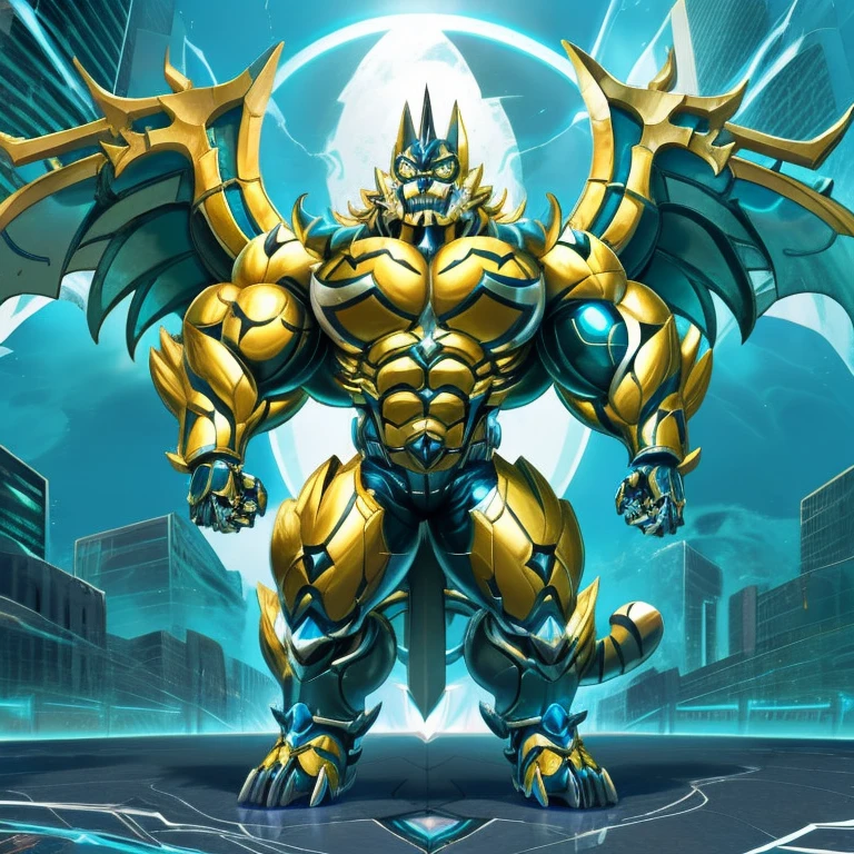 (ryekie, 8K), (ryekie's giant robot, Powered exoskeleton with the same design as ryekie), (Masterpiece, highres) (Detailed head, Detailed Body, Detailed abs, full body) (gigantic muscles, Gigachad Muscular, big muscle, pecs, triceps, traps, unusually developed muscular body, body full of huge muscles. showing off muscles, pectorales enormes, Exaggeratedly huge muscles.) (nj5furry, The claws are sharp, Sharp teeth, sharp claws), (long legs), (Spread wings, It has wings, have big wings, golden wings),  (It has wings, whole body shines like metal, Wearing cyberpunk mecha, emphasizes the muscles, suit fully made of metal, intricate armor, Robotic suit, suit fully made of metal, cyborg), menacing pose, An arrogant expression. destroying city.