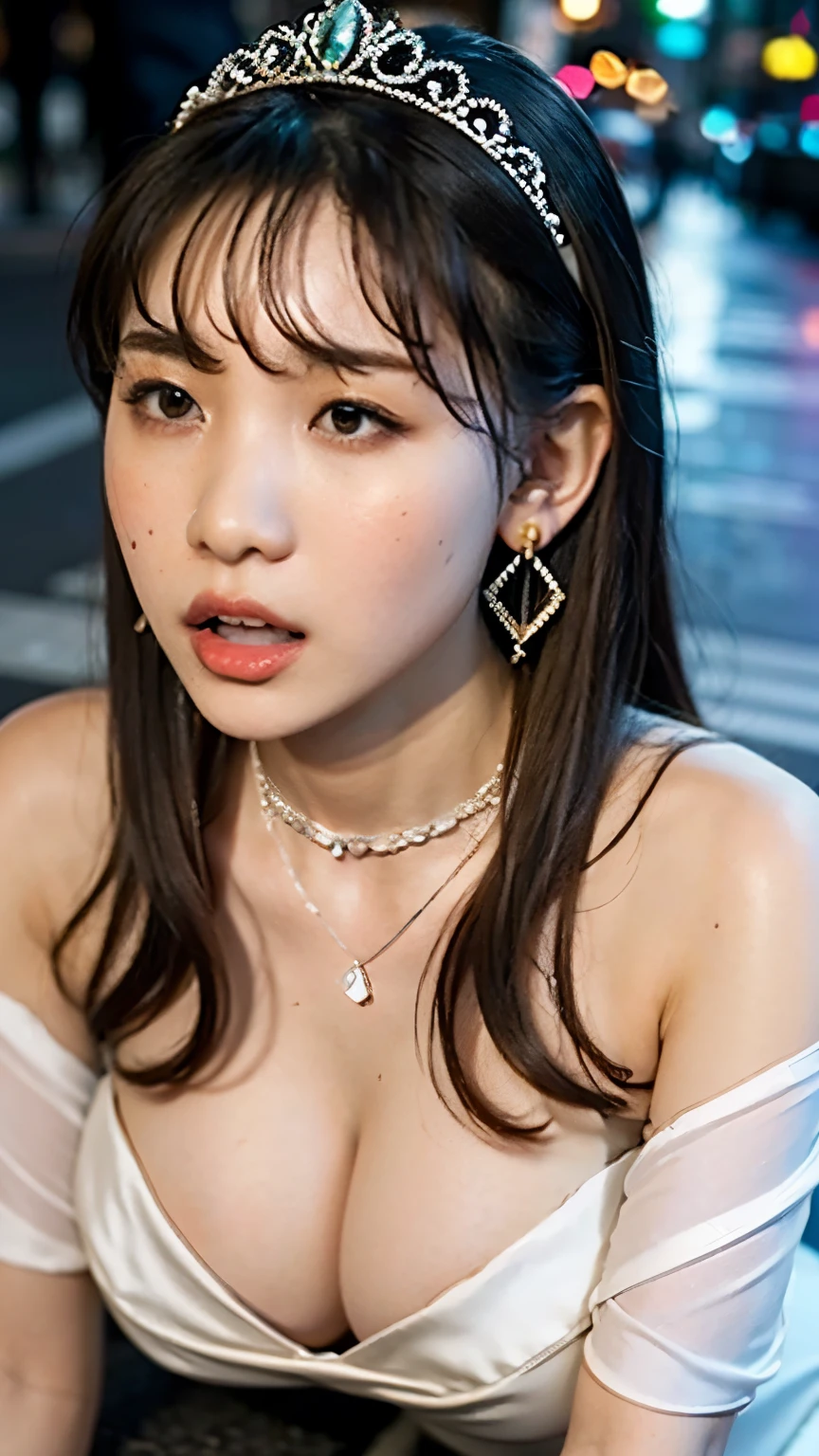 face focus, Open Your Mouth Wide, I have a large amount of condensed milk in my mouth,Condensed milk dripping from mouth, Off the street, seductive woman,On the floor, close your eyes, off-the-shoulder wedding dress, Adult female, Small breasts, Cleavage, Anatomically Accurate, high resolution model, Sweaty face, Gorgeous tiara, necklace, earrings for a woman alone, blonde ombre hair