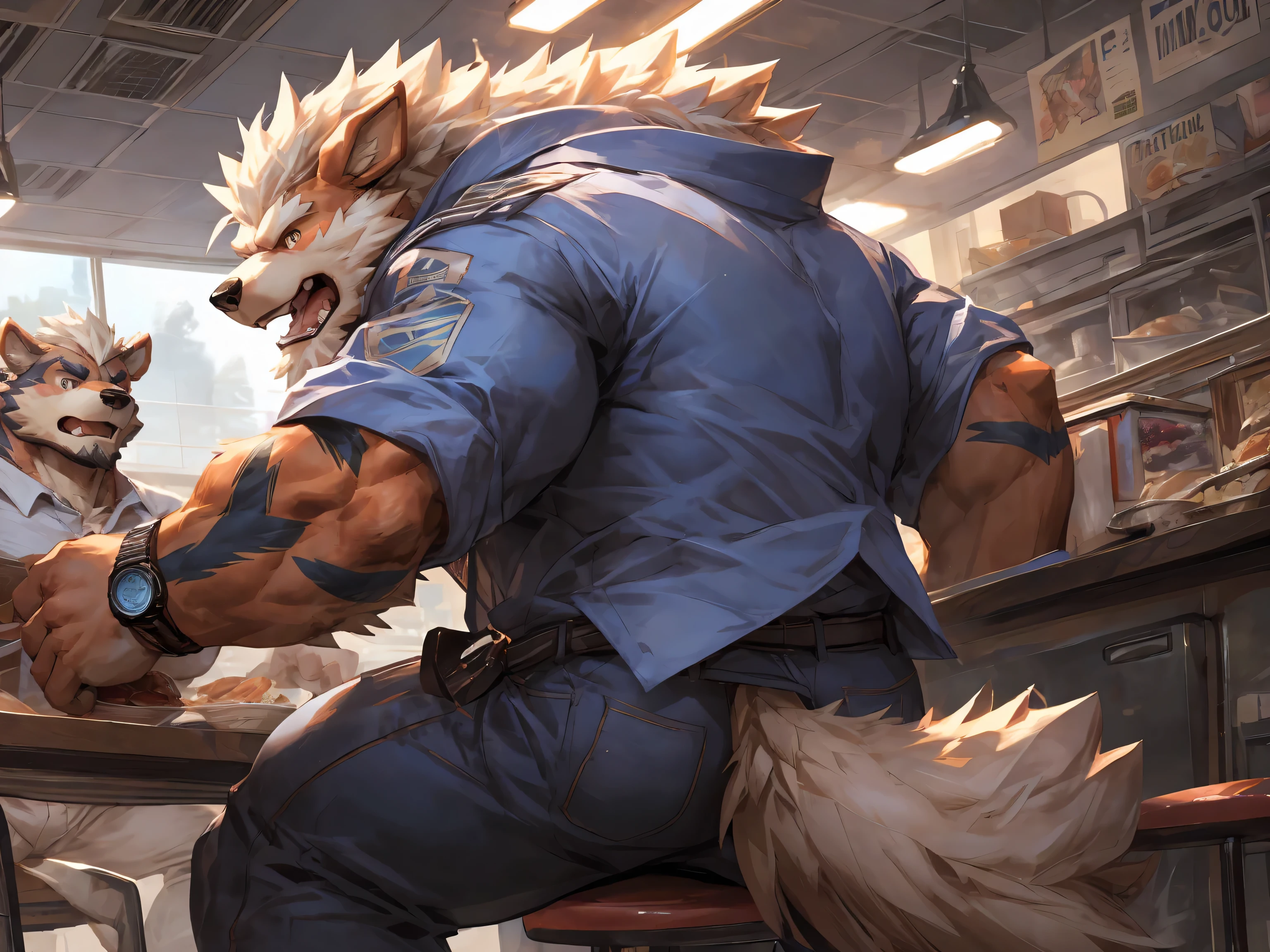 hairy, arcanine, beard, university cafeteria, campus cafeteria, solo, eating lunch, watch the TV monitor, paw pads details, surprised expression, Sportswear, Light blue and white coat, masterpiece, (16K), HD, Various facial details, detailed background, very detailed, dynamic poses, Eyes details, high resolution, high quality, correct anatomy, cartoon, by lindong, by null-ghost, rear view ,  from behind, look at the the TV monitor