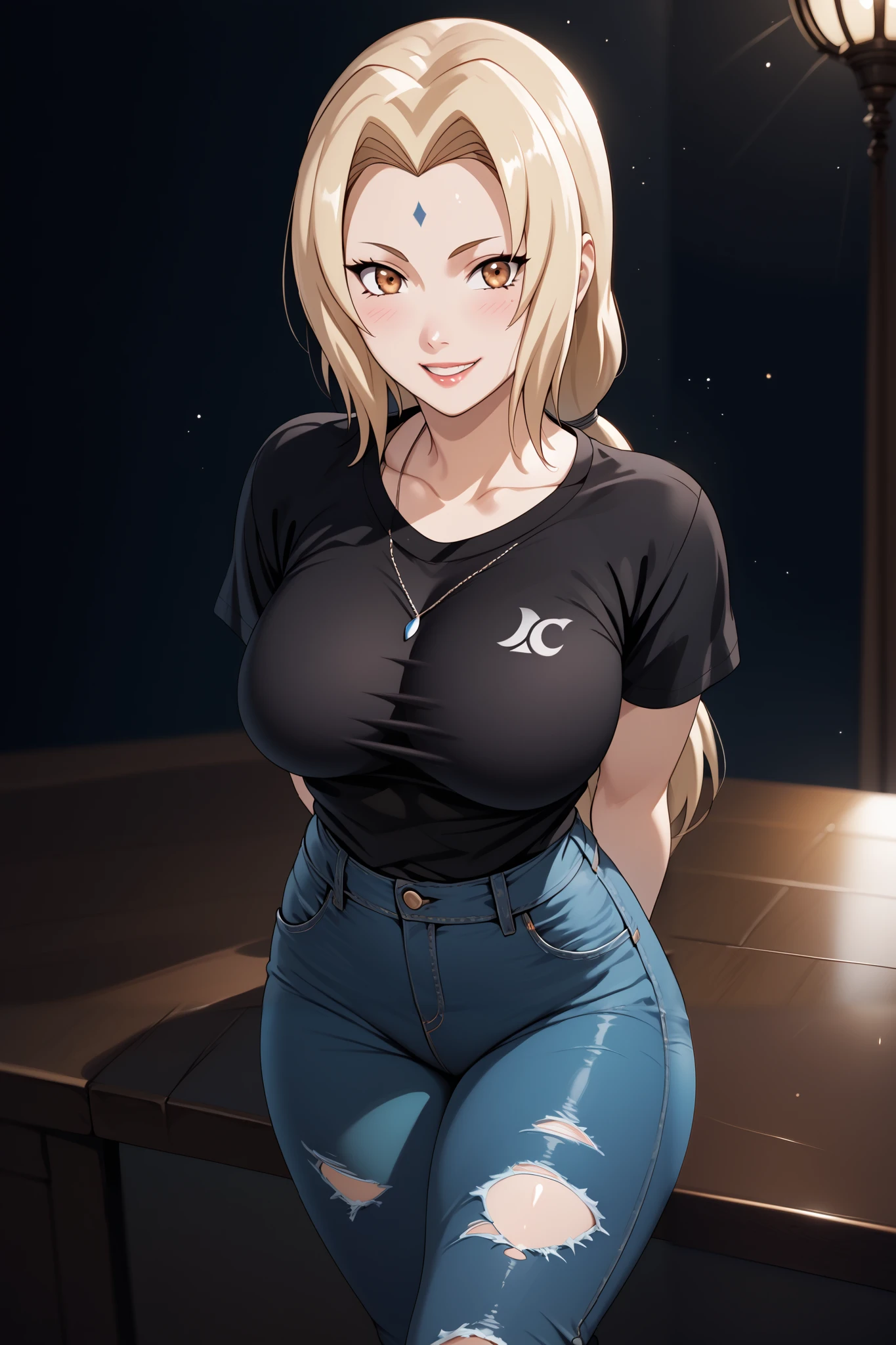 best quality, masterpiece, highres, 1girl,tsunade,((fullbody)),stand up,perfect slim body,smile,large breasts,arms behind back,sexy legs,black tshirt,ripped slimfit jeans,looking at viewers,front look,(high detailed skin:1.2), 8k uhd, dslr, soft lighting, high quality, Photograph, high resolution, 4k, 8k, Bokeh, plain white background