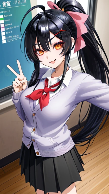 beautiful girl, Beauty, penetrates, ponytail, black hair, smile, embarrassing, cardigan, check long skirt, peace sign, in class room, long hair, straight hair, shiny hair, lone nape hair, huge ahoge, ribbon, x hair ornament, the number of fingers and bone structure are correct, tareme, longeyelashes, smile, light smile, skin fang, anime, anime style, character chart, from above, UHD, retina, masterpiece, accurate, anatomically correct, textured skin, super detail, high details, high quality, best quality, highres, 1080P, 16k, HD