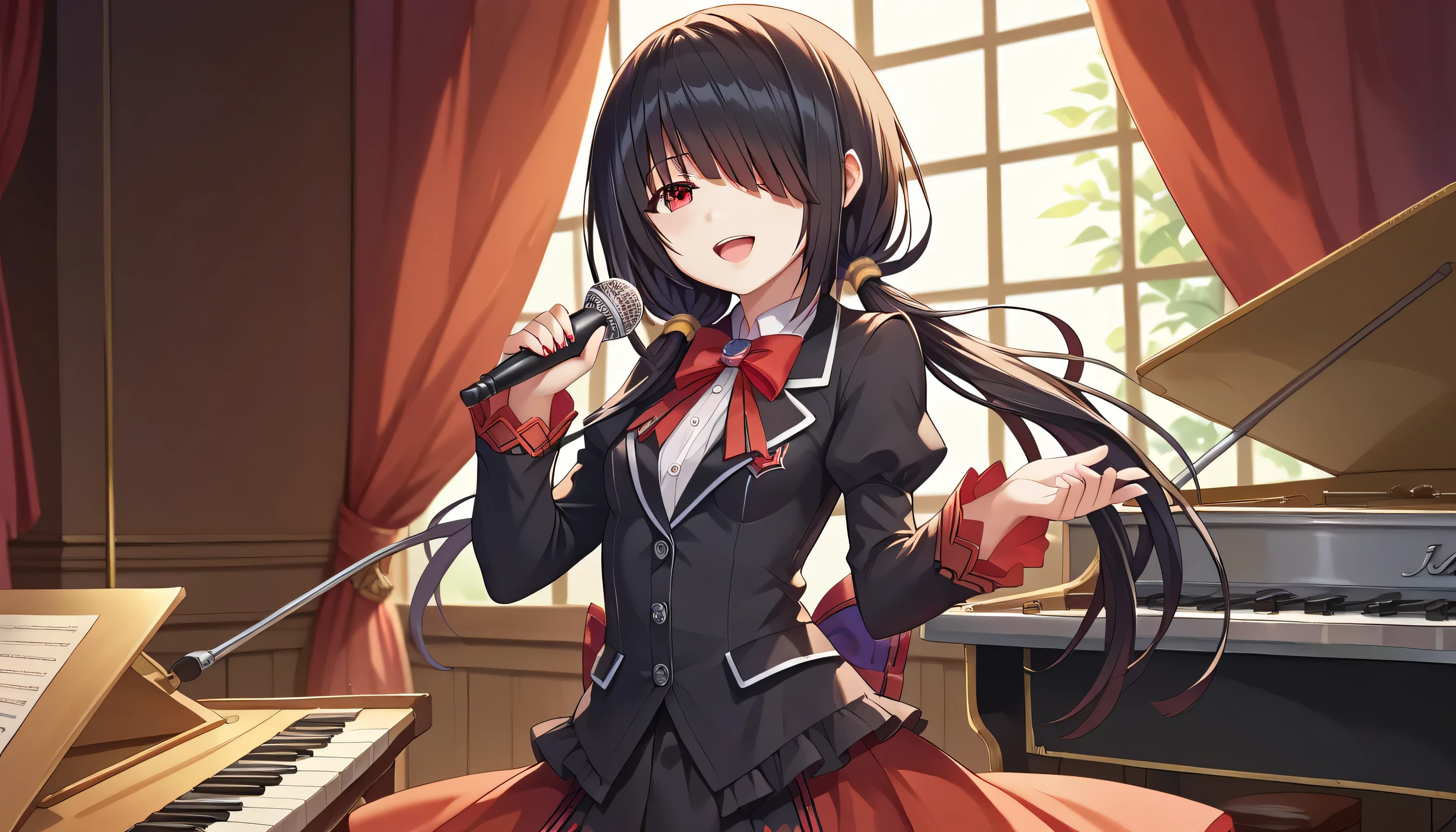 (((masterpiece))),(((best quality))),(((extremely detailed))),illustration,who, (masterpiece, top quality, best quality, official art, beautiful and aesthetic:1.2),(8k, best quality, masterpiece:1.2), tokisaki kurumi, black hair, low twintails, (hair over one eye:1.5), (red eyes:1.2), (small breast:1.2), cowboy shot, sing, singing, holding a mic, mic, open mouth, looking at viewers