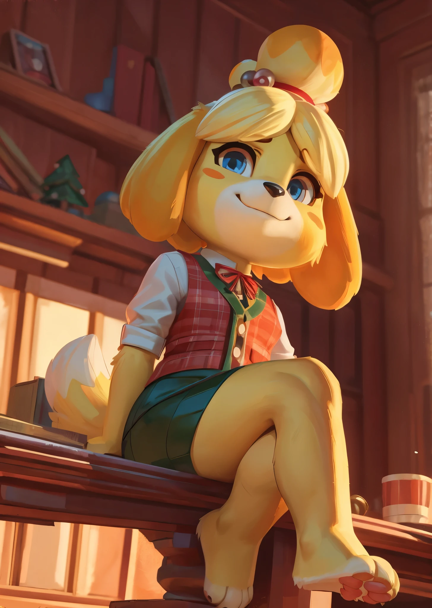 [isabelle \(animal crossing\)], [Animal Crossing], [Uploaded to e621.net; (Pixelsketcher), (wamudraws)], ((masterpiece)), ((HD)), ((high res)), ((solo portrait)), ((full body)), ((feet visible)), (front view)), ((low angle view)), ((detailed fur)), ((detailed shading)), ((cartoon aesthetic)), ((beautiful rendering)), {(slim figure), (yellow fur), (black nose), (cute blue eyes), (blonde hair), (bells in hair), (topknot), (short fluffy tail), (curvy hips), (beautiful legs), (defined feet), (paw pads), (blushing), (cute smile)}, {(christmas outfit), (red ribbon in hair), (red plaid vest), (short green pencil skirt)}, {(sitting on couch), (crossed legs), (nervous demeanor), (looking at viewer)}, [ambient lighting, living room, dayttime, christmas decor]