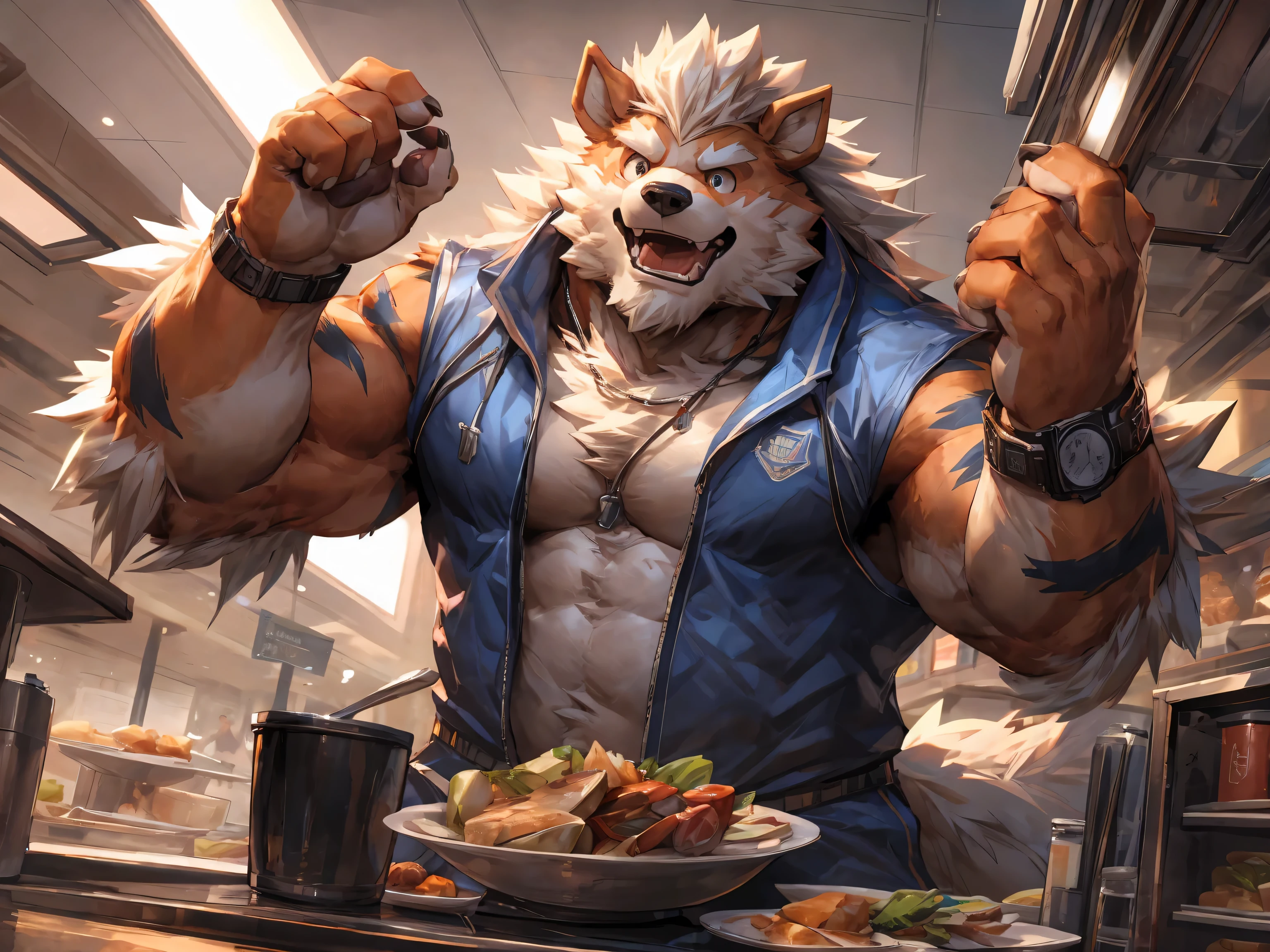 (holding a tray of food:1.3), (muscular wolf, pink fur, traditional Japanese outfit:1.25), (massive veiny muscles, massive pecs, six pack, buff bodybuilder, strong body:1.2), (nj5furry:1.1) big penis