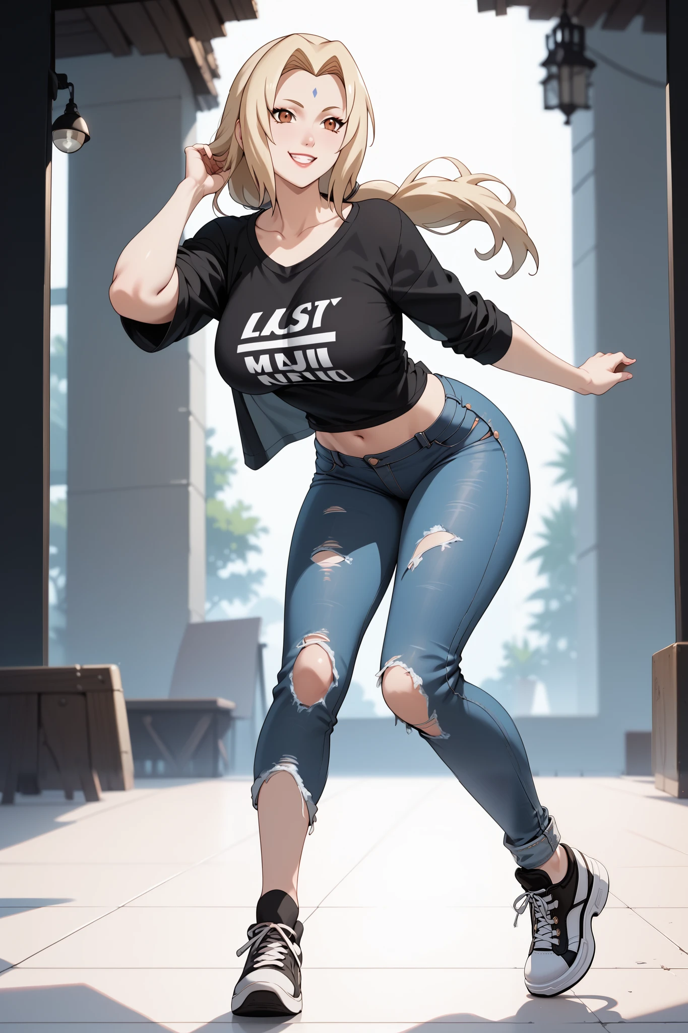 best quality, masterpiece, highres, 1girl,tsunade,((fullbody)),stand up,perfect slim body,smile,large breasts,sexy legs,black tshirt,ripped slimfit jeans,looking at viewers,front look,(high detailed skin:1.2), 8k uhd, dslr, soft lighting, high quality, Photograph, high resolution, 4k, 8k, Bokeh, plain white background