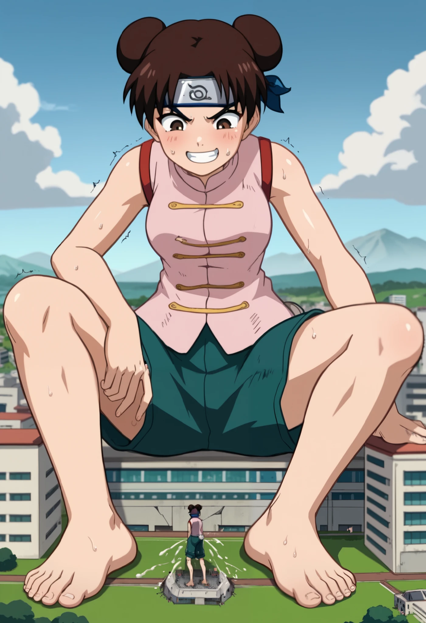 easynegative, safe_pos,score_9,score_8_up,score_7_up,score_6_up,source_anime, Giantess, macro, very sweaty, bigger than island, barefoot, Landscape, cityscape, smug expression, devious grin, tenten, brown hair, brown eyes, hair bun, double bun,skirt, bare shoulders, sleeveless, forehead protector, konohagakure symbol, chinese dress, pink dress, 1girl, medium cock, testicles, erect penis, cum, Veined cock, Wrinkled testicles, female body, full body, skinny, erect dick, masturbation, building destruction, cracked building, cum on the city, trembling, motion lines,