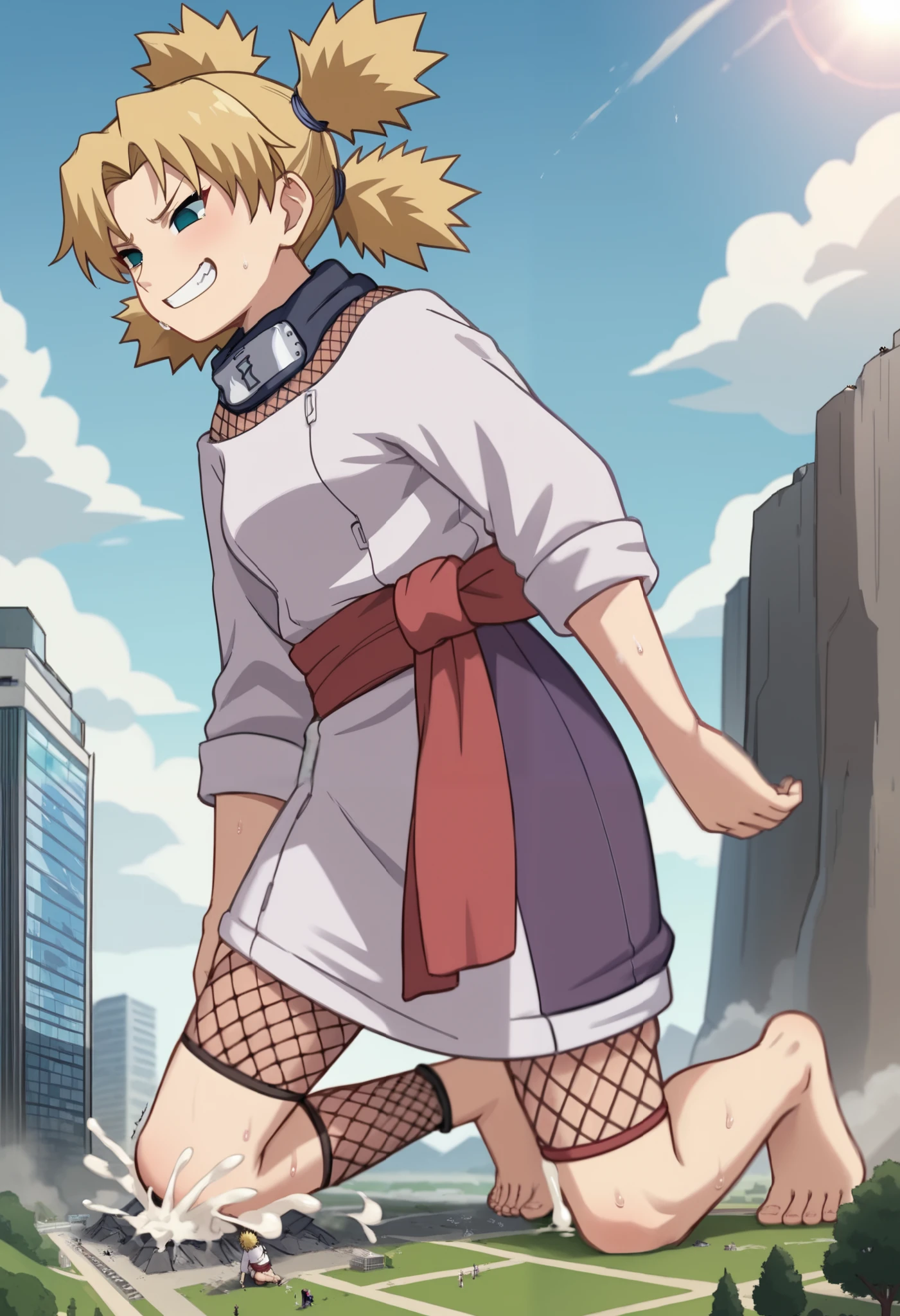 easynegative, safe_pos,score_9,score_8_up,score_7_up,score_6_up,source_anime, Giantess, macro, very sweaty, bigger than island, barefoot, Landscape, cityscape, smug expression, devious grin, temari, bangs, blonde hair, quad tails, blue eyes,long sleeves, fishnets, sleeves rolled up, forehead protector, sleeves pushed up, sleeves past elbows, sash, dress, purple dress, 1girl, medium cock, testicles, erect penis, cum, Veined cock, Wrinkled testicles, female body, full body, skinny, erect dick, masturbation, building destruction, cracked building, cum on the city, trembling, motion lines,