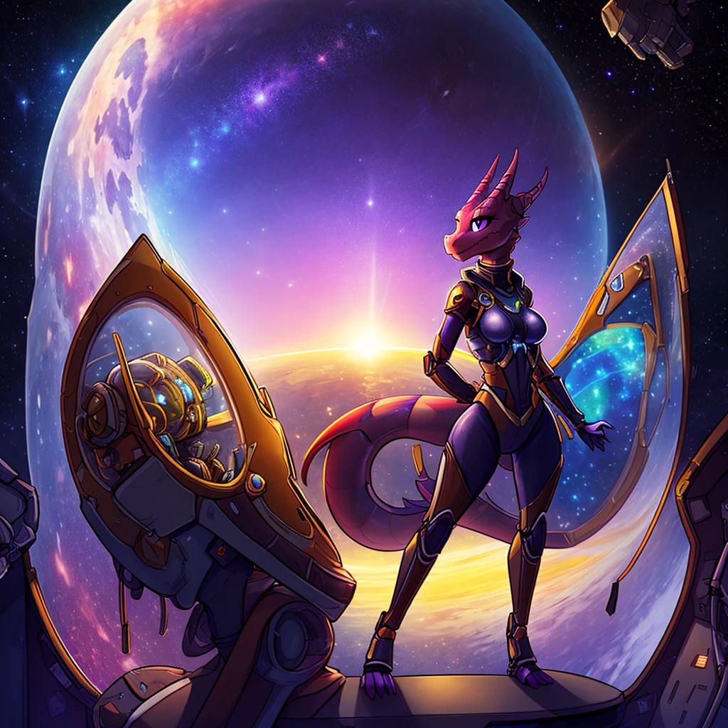 single female, furry, metallic, light purple,  robotic, anthro, kobold, short, small breasts, thin body, standing in space ship, science fiction, looking out window, galaxy, stars, high quality, masterpiece, dark lighting, 
