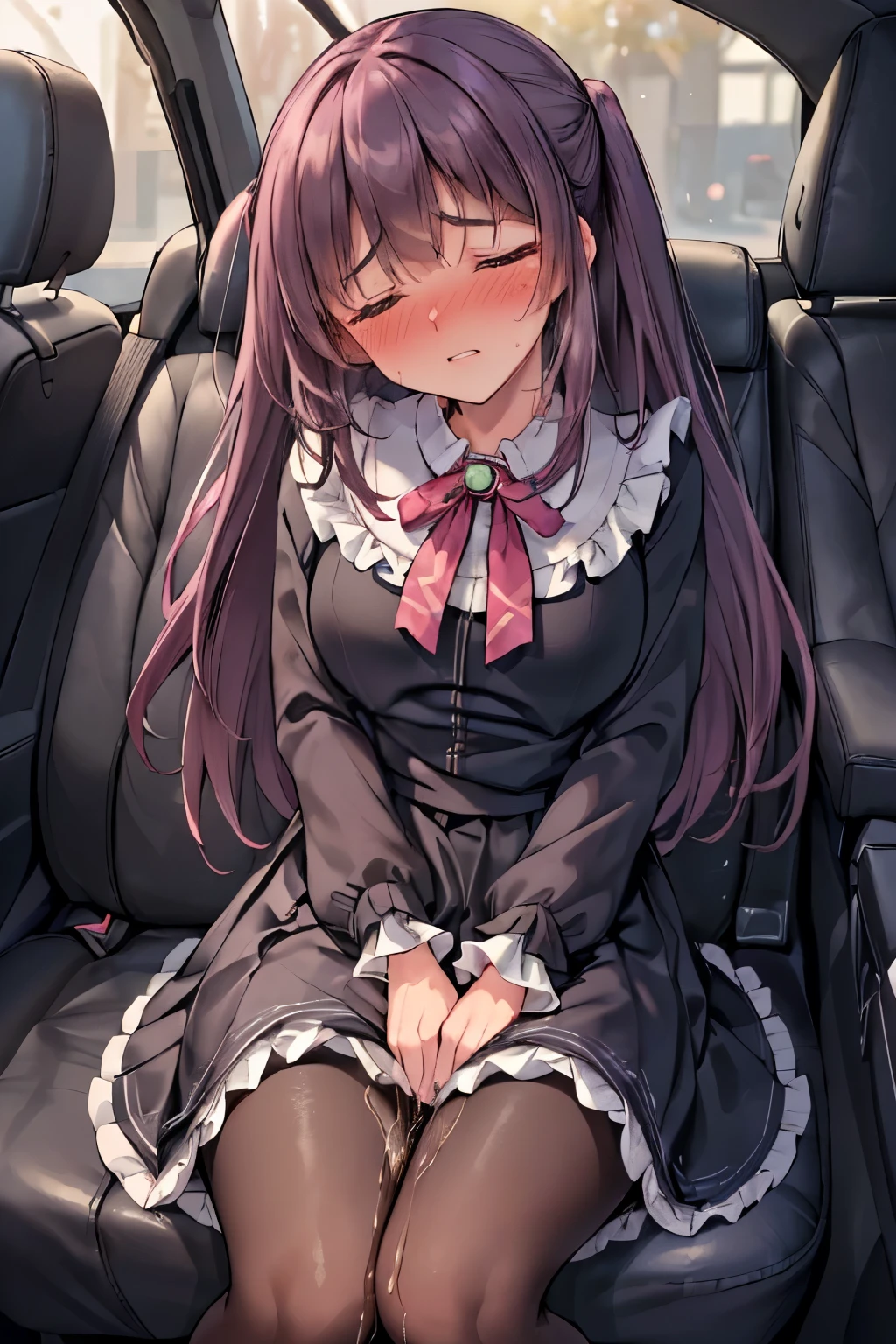 (8K, ultra-detailed, best quality, anatomically perfect body:2), (beautiful breast:1.2), shiny skin, (1 girl), (have to pee), (desperate urge to pee), (very desperate to pee), (her bladder is at its limit:1.5), (in the car, sitting very shallowly, squirk:1.6), (She wants to stand up so she lifts her hips from seat:1.2), (fidget, cower:1.5), wetting self, (ruffled long skirt:1.6), (pantyhose:1.3), ankle boots, panty pull, (Untidy hair:1.4), (She hold her crotch one hand:1.5), (leaning backward), (close your thighs tightly:1.6), (shrugs:1.7), (orgasm:1.5), (full face blush:1.7), (embarrassment:1.6), (impatience:1.7), (flustered:1.5), (panic), (flowing sweat:0.7), (twist whole body:1.4), (panting), breathless, (Humiliation), (Erotic feelings), (closed eyes:0.95), (She is very arousal to hold pee), (tear), (head tilt:1.1), (parted lips:1.2), (SIGMA 105 mm F/2.8, 1/100 sec shutter, award-winning), from side, nsfw,