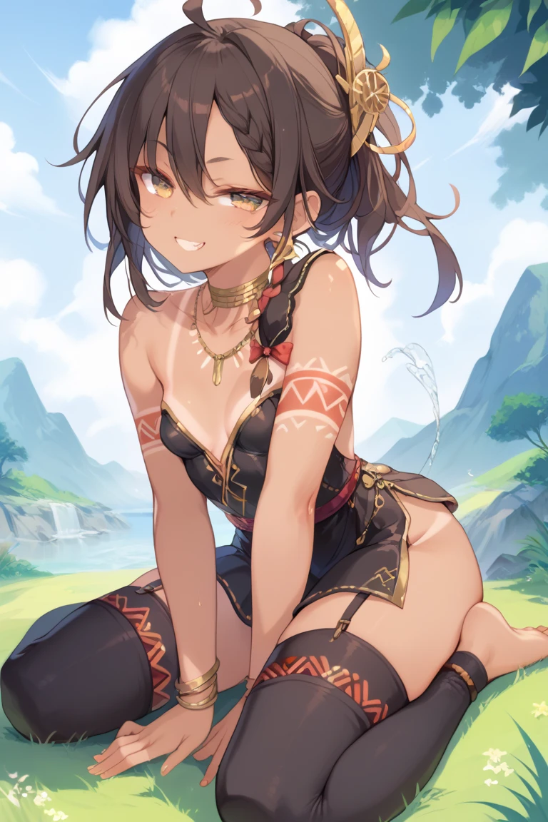 A girl, smug look , bicolor brown hair with red on the tips, disheveled hair with a lot of hair with a low ponytail that falls down her shoulder,   golden eyes ,  small breasts ,  tanned skin,   with tribal tattoos on the body,  sitting on the grass ,  wearing a dress with many ties  ,  with a leather garter on the thigh , barefoot wearing only long black stockings 