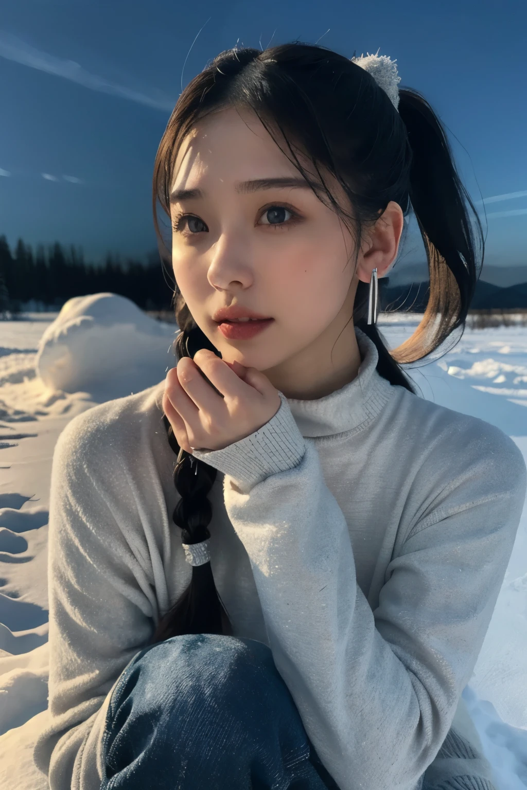 1 girl, (jeans:1.2), beautiful japanese actress, 
photogenic, Yukihime, long eyelashes, snowflake earrings,
(Raw photo, best quality), (Reality, photorealistic:1.4), (muste piece), 
beautiful detailed eyes, beautiful detailed lips, highly detailed eyes and face, 
BREAK is
 (Frozen snow field in winter Lapland), (The last vestiges of the twilight sky:1.4), 
ethereal beauty, swirling snowflakes, snow covered tree, powder snow, snow-capped mountain, 
Snowy field landscape at dusk, 
Indigo and dark vermilion color scheme, dramatic writing, fantastic atmosphere, 
BREAK is 
Perfect Anatomy, whole body slender, small breasts, (High ponytail:1.3), angel&#39;s smile, 
crystal-like skin, make eyes clear, catch light