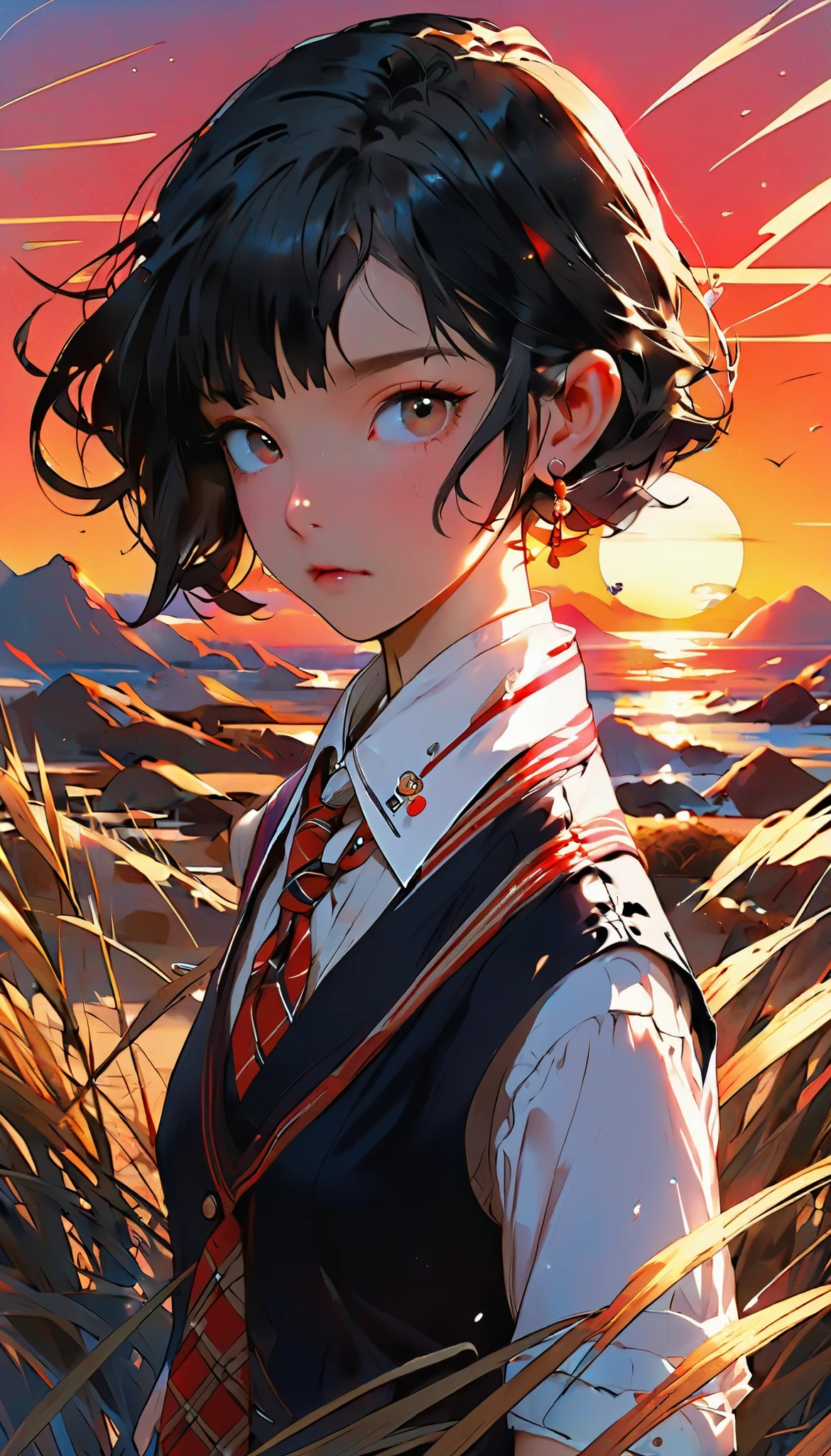 (masterpiece:1.3, highest quality:1.3),(realistic, photorealistic:1.3),beautiful illustration,brown knitted vest,short-sleeved white collared shirt,navy blue pleated skirt,red tie,natural side lighting,cinematic lighting,borderline depth,gazing at the audience,front view,one girl,japanese,high school girl,perfect face,symmetrical cute face,shiny skin,(fancy bob hair:1.3,black hair),asymmetrical bangs,big eyes,droopy eyes,long eyelashes,slender,beautiful hair,beautiful face,beautiful beautiful eyes,beautiful collarbone,high quality fabric,(beautiful scenery:1.3),evening,(from below:1.3),(wrapped in the sunset:1.36),(portrait:1.3),