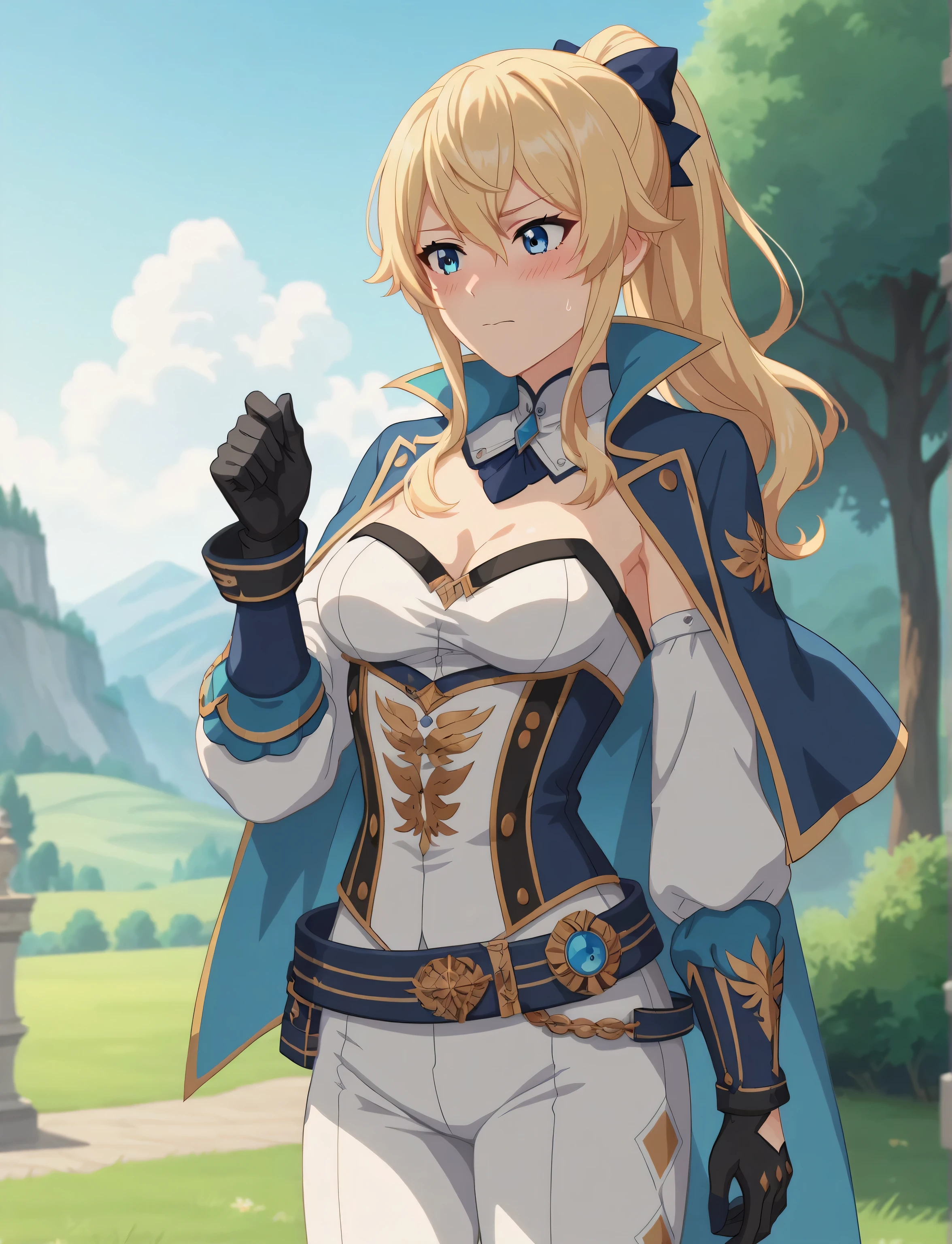 masterpiece, best quality, (anime screencap), 1woman, 1girl, jeangunnhildr, blonde hair, long hair, bangs, ponytail, blue eyes, ((young female, sexy body, medium breasts)), black gloves, blue capelet, corset, detached sleeves, strapless, belt, blue amulet, white pants, natural shading, lighting, showcase, outdoors, meadow, simple backround, embarrassed,