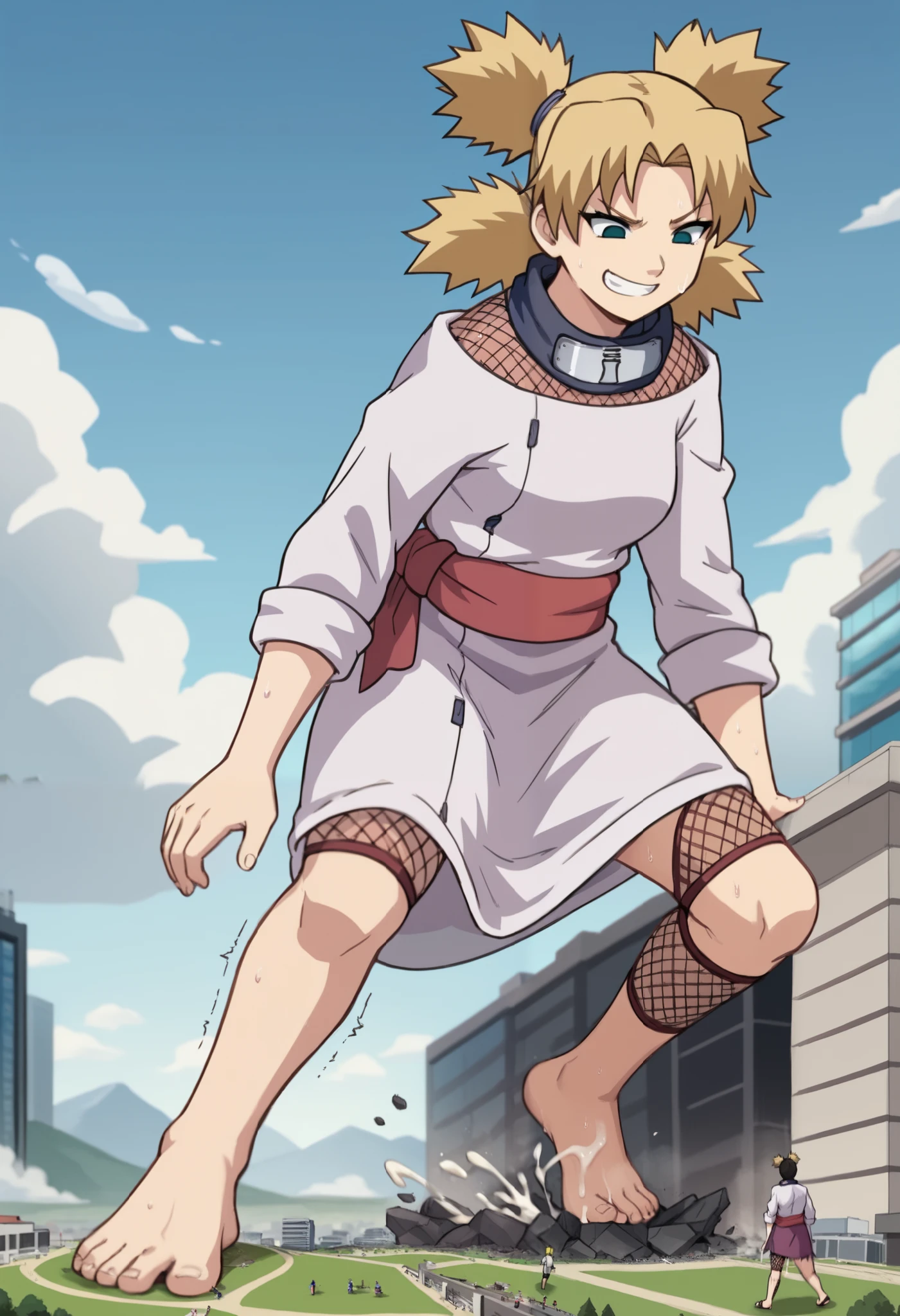 easynegative, safe_pos,score_9,score_8_up,score_7_up,score_6_up,source_anime, Giantess, macro, very sweaty, bigger than island, barefoot, Landscape, cityscape, smug expression, devious grin, temari, bangs, blonde hair, quad tails, blue eyes,long sleeves, fishnets, sleeves rolled up, forehead protector, sleeves pushed up, sleeves past elbows, sash, dress, purple dress, 1girl, medium cock, testicles, erect penis, cum, Veined cock, Wrinkled testicles, female body, full body, skinny, erect dick, masturbation, building destruction, cracked building, cum on the city, trembling, motion lines,