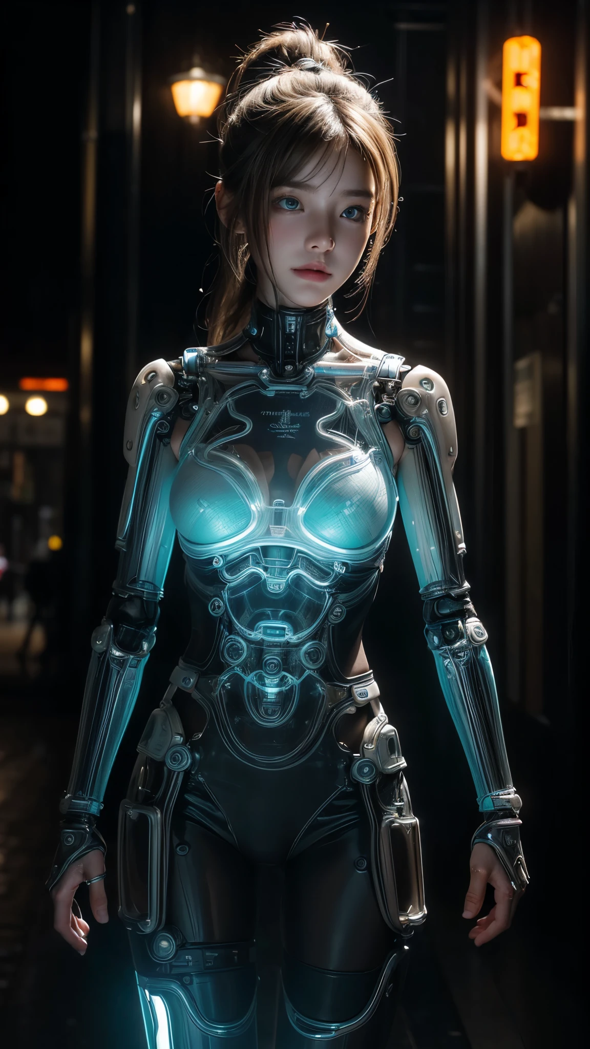 ((A half-mechanical girl with a human torso and translucent mechanical limbs)),
((Her limbs are translucent and revealing the internal electronic circuitry)),
Sleeveless jacket and frilly skirt,
Bright blue eyes,
Long ponytail hair,
Post-apocalyptic city background,
Standing on the street,
beautiful face, detailed face, 
(from front),
White highlights, Halftone, Sensual,
Highest quality, Realistic, Photo Realistic, Award-winning photography, (Intricate details), (Subtle details), (Intricate details), (Cinematic Light), Sharp focus, 
