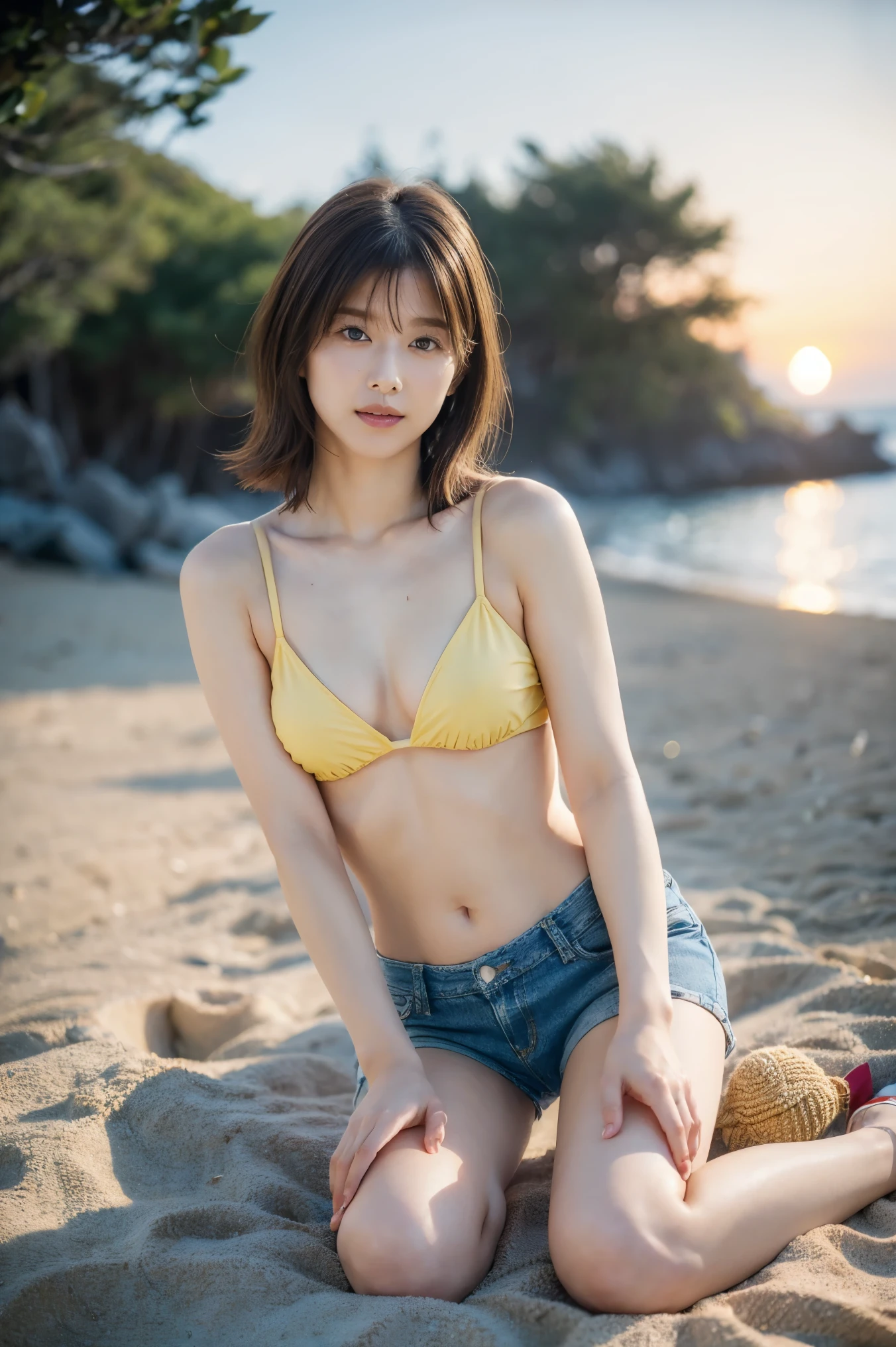 High Resolution Japanese Actress Pictures, ( realistic , photo- realistic :1.2), ( top quality, masterpiece), RAW photos , intricate details, Extremely Detailed, very detailed, very detailed, sharp concentration, (full body, shot from the front:1.4), 甜of, Alone, 1 girl , shiny brown hair, dark brown medium hair, beautiful brown eyes、smile、 Sparkling Eyes , (fine grain)、 Very Pretty Eyes 、 very detailed顔, very detailed目, cowboy shooting、 ( masterpiece on penis ),( top quality:1.3),8k,Very clear,( super real ), one girl, beautiful legs, ( masterpiece on penis 、 top quality、 very detailed)、 ((Waistline、 middle of chest、 slender girl))、 ((chrome yellow bikini top、 damage micro denim shorts )), Rosy Cheeks,(( sunset beach))