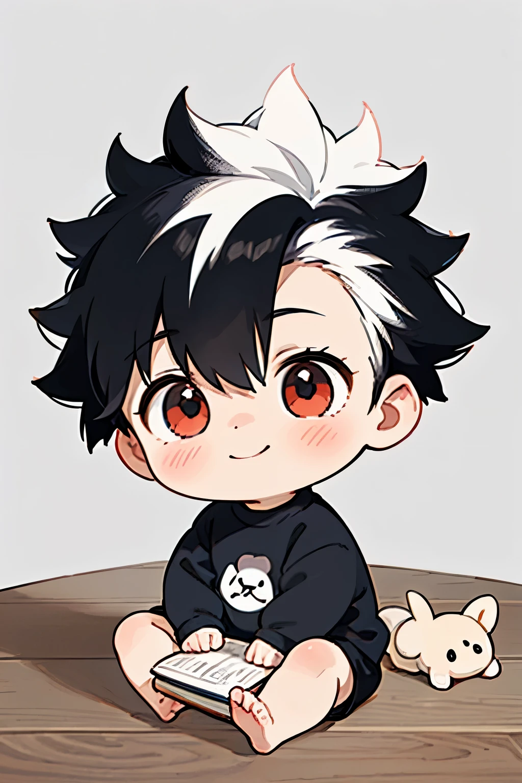(high-quality, breathtaking),(expressive eyes, perfect face) portrait, Symmetrical Eyes, 1boy, solo, 1 month old, black and white hair, red coloured eyes, medium hair, spiked hair, fluffy hair, baby face, grey background, wooden floorboard, stone wall background, detailed eyes, sitting in a pile of blankets, black shirt, black shorts, cute smile, books, dog plush, two tone hair, half black half white hair color, multicolored hair, black hair, white hair,