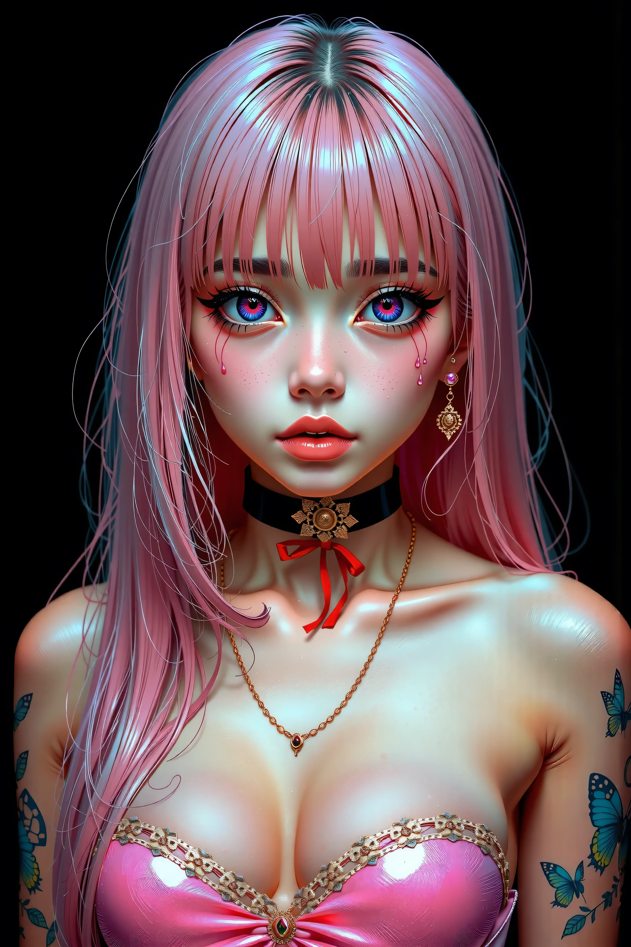 One girl、((tattoos)), Excellent anatomy, masterpiece, Highest quality,Realistic, hyperRealistic, 16k hdr,NSFW、Long pink Hair、Straight Hair、bangs、freckles、high school girl、Slender、Slender body、asian high school girl, huge breasts, cleavage, Lewd, horny, (((sexual gaze))), huge breasts, cleavage, (((neon pink monochromatic color palette))), (((sexy pose))), big pink eyes, ulzzang, portrait, (anime), manga, sexy, submissive, (((crying))), ((seductive)), ((heavy blushing)), shy, tease, 8ｋ, Highest quality, masterpiece, Sharp focus, ((shiny skin)), ((naughty girl)), black background,
