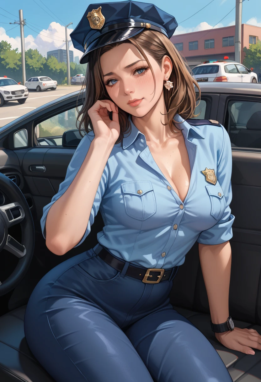 Beautiful air stewardess, sexy uniform, stunning face, half body shot, tropical island, J Scott Campbell style, 8k, ultra sharp