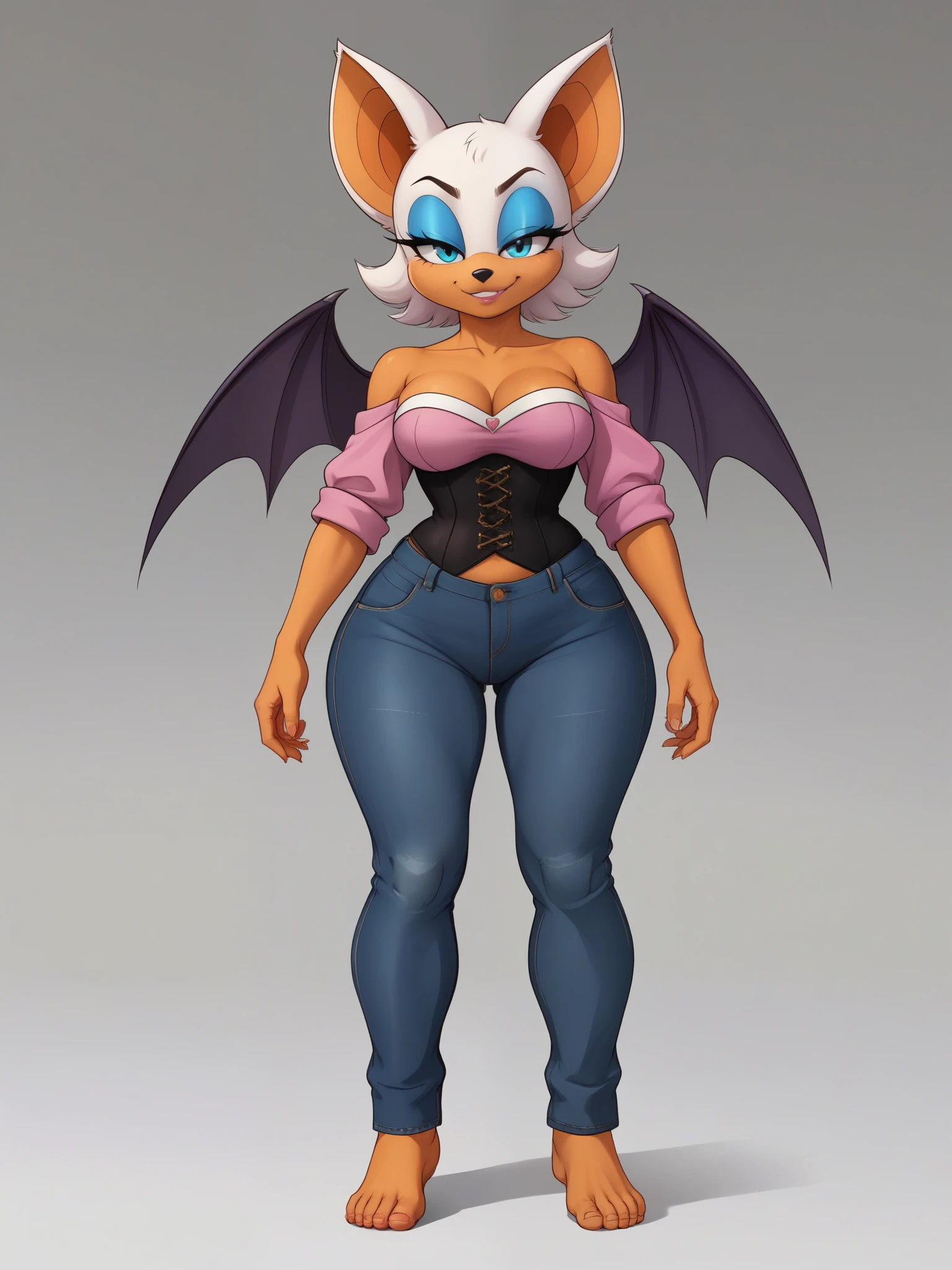 [Rouge the bat], ((furry)), ((solo portrait)),((full body)), ((feet visible)), ((detailed fur)),  ((intricate details)), {anthro, (white fur), (orange skin), black nose, bat ears, cute blue eyes, (half-closed eyes), (blue eyeshadow), short tail, small saggy breasts,. (huge hips), (beautiful legs), (smug smirk)}, corset. shirt. jeans. settlement. bottom view.