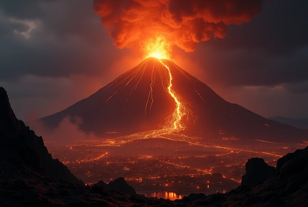 ((masterpiece, highest quality, Highest image quality, High resolution, photorealistic, Raw photo, Extremely detailed CG unified 8k wallpaper)), Volcanic Eruption, In the darkness of night, lava flows from the crater and approaches the town at the foot of the mountain.