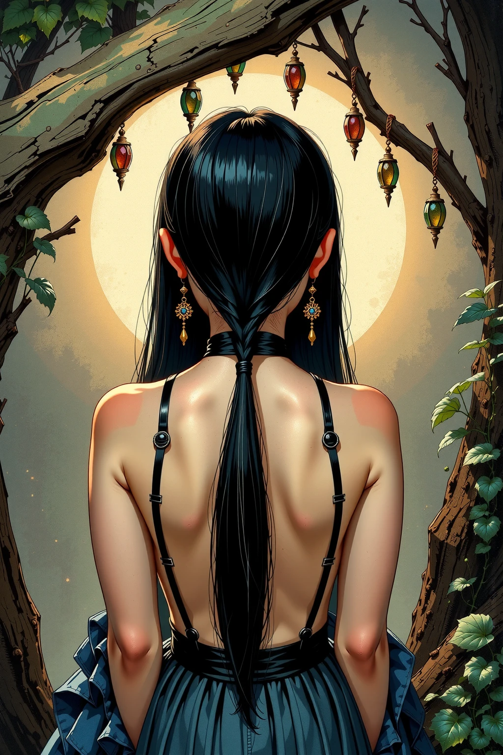 magical girl with her pet mouse, very long black hair, perfect ass, naked communing with nature and night magic, sinister swamp with water lilies, magic, fantastic, night sky, moons, stars, background, (art inspired by Bill Sienkiewicz ). oil painting)
