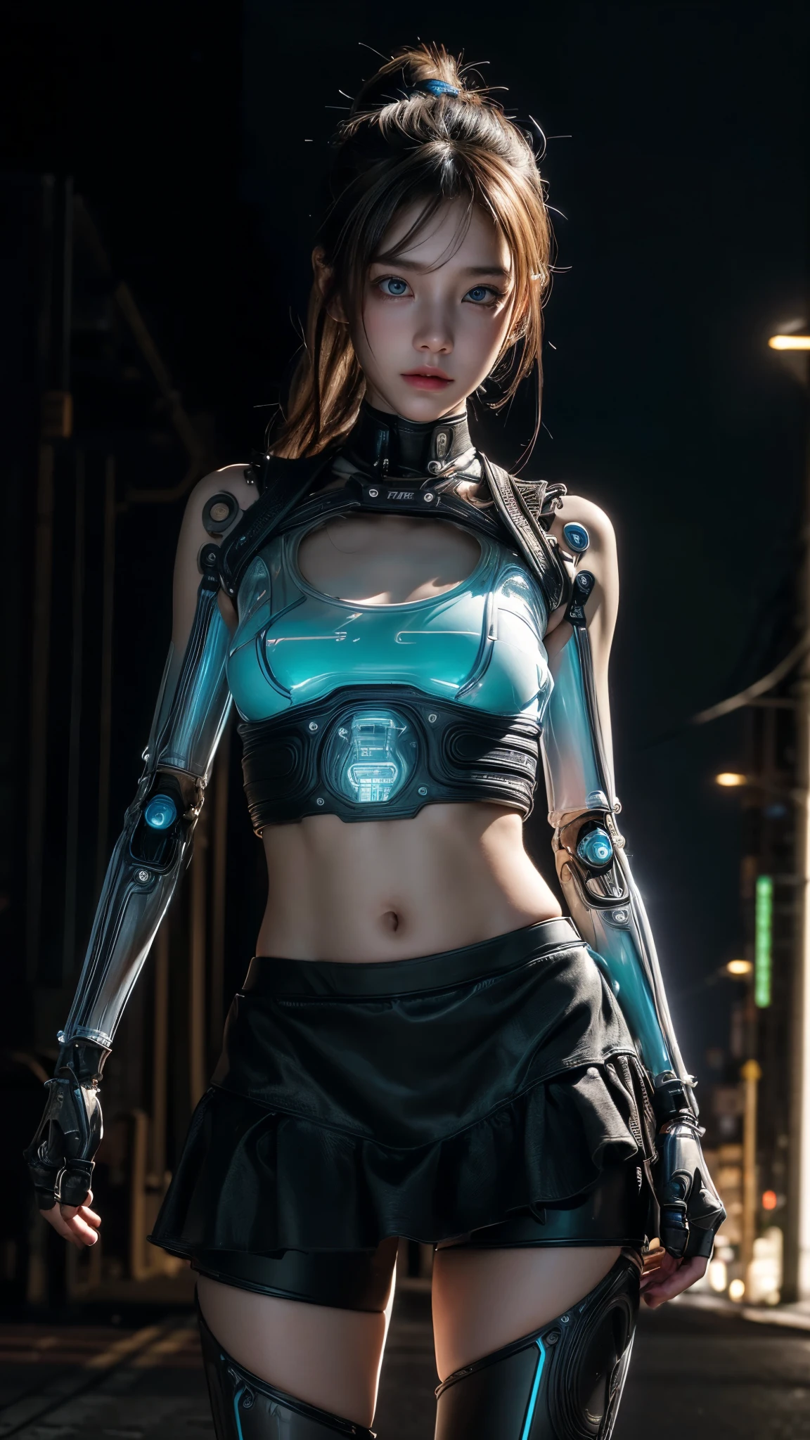 ((A half-mechanical girl with a human torso and translucent mechanical limbs)),
((Her limbs are translucent and revealing the internal electronic circuitry)),
Sleeveless jacket and frilly skirt,
Bright blue eyes,
Long ponytail hair,
Post-apocalyptic city background,
Standing on the street,
beautiful face, detailed face, 
(from front),
White highlights, Halftone, Sensual,
Highest quality, Realistic, Photo Realistic, Award-winning photography, (Intricate details), (Subtle details), (Intricate details), (Cinematic Light), Sharp focus, 
