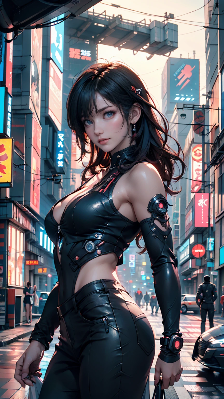 (cyberpunk world war 3), (RAW photo), (Realistic), (photo-realistic), ultra high resolution, masterpiece, highest quality, perfect lighting, detailed lighting, dramatic shadow, ray tracing, one Japanese beautiful girl, ((solo:1.2)), Voluptuous body, cleavage, symmetrical eyes, (((beautiful detailed eyes))), chubby lips, red lips, Super high resolution perfect beautiful teeth, big tits, big ass, big thick thighs, long straight hair, black hair, earrings, half open mouth, smiling, looking at viewer, (cyberpunk combat suit:1.2), upper body shot, cyberpunk street, night, neon lights,