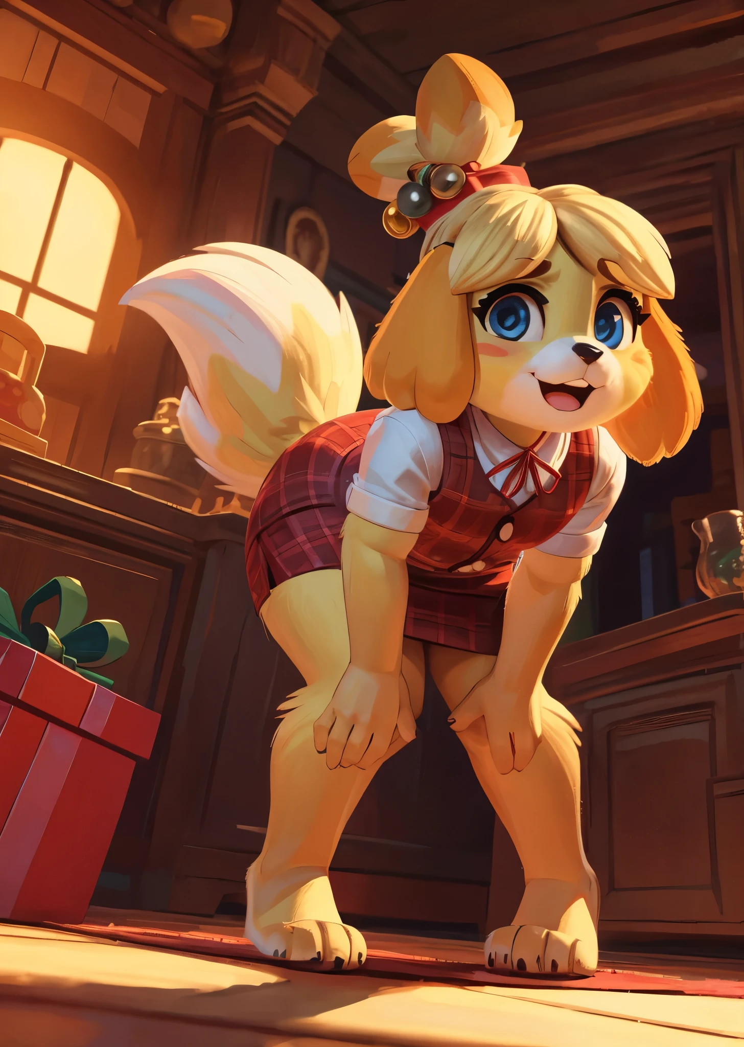 [isabelle \(animal crossing\)], [Animal Crossing], [Uploaded to e621.net; (Pixelsketcher), (wamudraws)], ((masterpiece)), ((HD)), ((high res)), ((solo portrait)), ((full body)), ((feet visible)), ((front view)), ((low angle view)), ((detailed fur)), ((detailed shading)), ((cartoon aesthetic)), ((beautiful rendering)), {(slim figure), (yellow fur), (black nose), (wide eyes), (cute blue eyes), (blonde hair), (bells in hair), (topknot), (short fluffy tail), (curvy hips), (beautiful legs), (defined feet), (blushing), (cute smile), (mouth open)}, {(christmas outfit), (red ribbon in hair), (red plaid vest), (short green pencil skirt)}, {(standing), (bending over), (nervous demeanor), (looking at viewer)}, [ambient lighting, living room, dayttime, christmas decor]