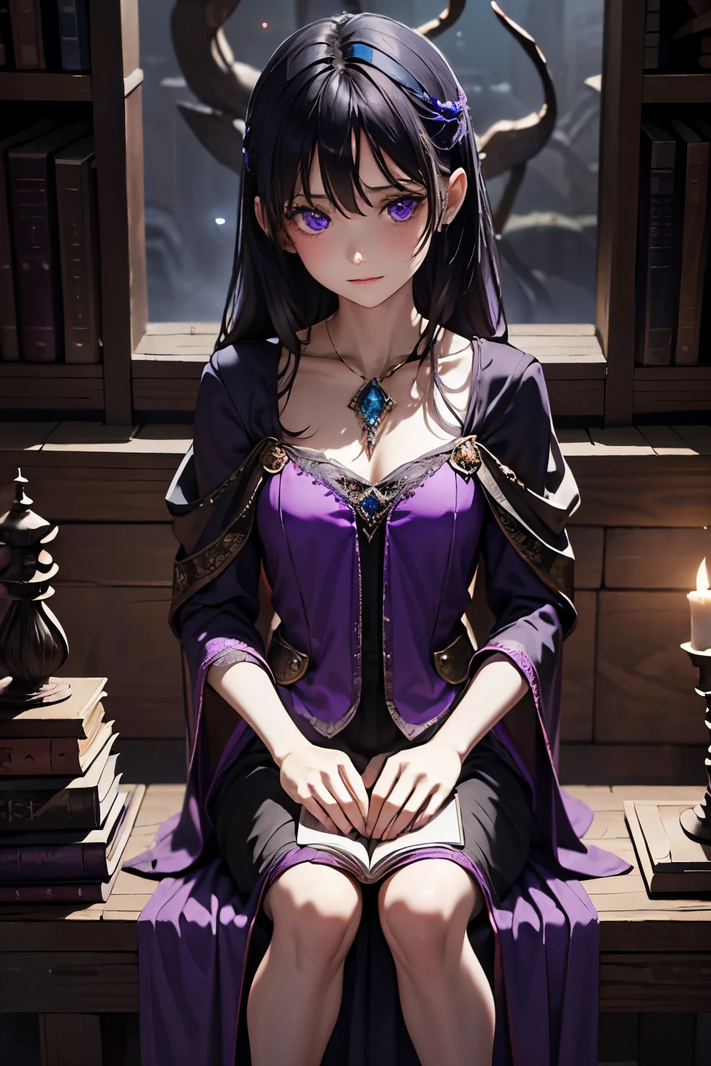 Create a detailed and highly realistic scene depicting Lanlinger, a beautiful 18-year-old girl with messy dark purple hair. She has a perfect face with soft skin, featuring light violet and red hues, and wears a sexy purple dress with a fantasy queen style, adorned with intricate designs and luxurious fabrics. The scene captures her sitting on a picnic blanket in a park. The weather is beautiful, with the sun casting a warm glow. The style should be in an oil painting style, with an 8k resolution to capture the essence of a masterpiece.