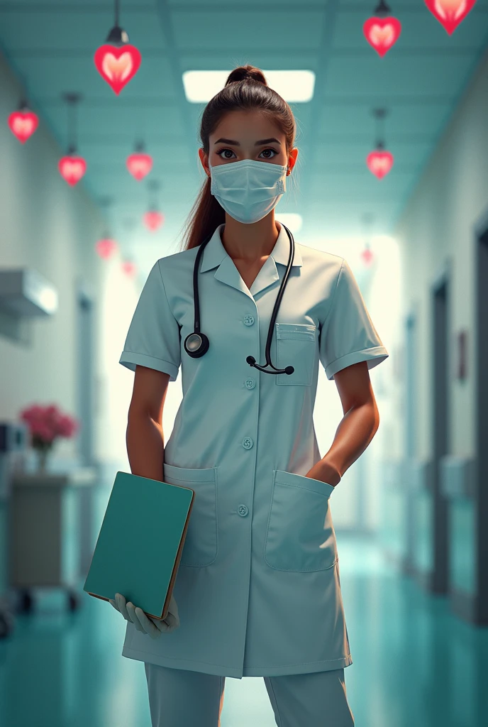 A scene in honor of International Women's Day featuring a nurse. The nurse is an Latin woman, standing bravely with a mask and glove, symbolizing the pilar of hospitals. She wears a traditional white uniform, her hair is neatly tied back, and she has a compatible stethoscope around her neck. In her hand is a clipboard, indicating her duty to monitor the health of patients. The background is Hospital filled with symbols of womanhood and empowerment, including the day international of all medicals people group