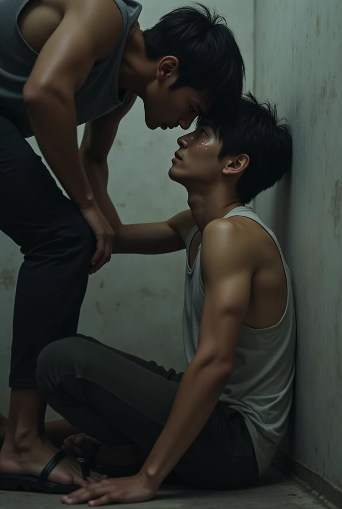A teenage boy strangles another teenage boy, makes a face of pain, and presses him to the ground.


