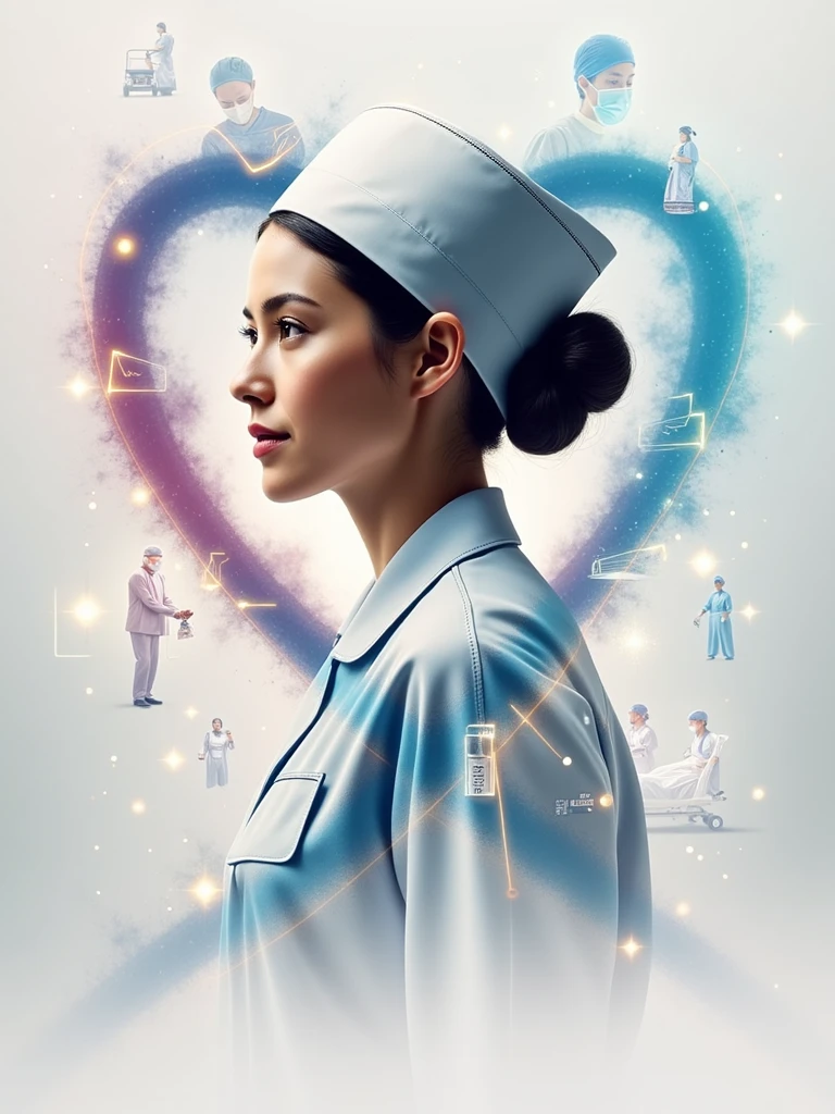 A cinematic poster of a healthcare worker wearing a Nurse and nurse cap, with a double exposure effect showing scenes of medical care and human compassion. The background features an abstract heartbeat line glowing in blue, connecting various moments: a nurses mens, and nurses womansr performing surgery, a patient being comforted, and medical staff rushing with a stretcher in a hospital hallway. The composition is dramatic and emotional, with Modern colors, blue, cyan, purples, grays tones of blue and white dominating the scene, creating a professional yet heartfelt atmosphere,  Cinematic vibrant colours, hd, 8k, realism, 