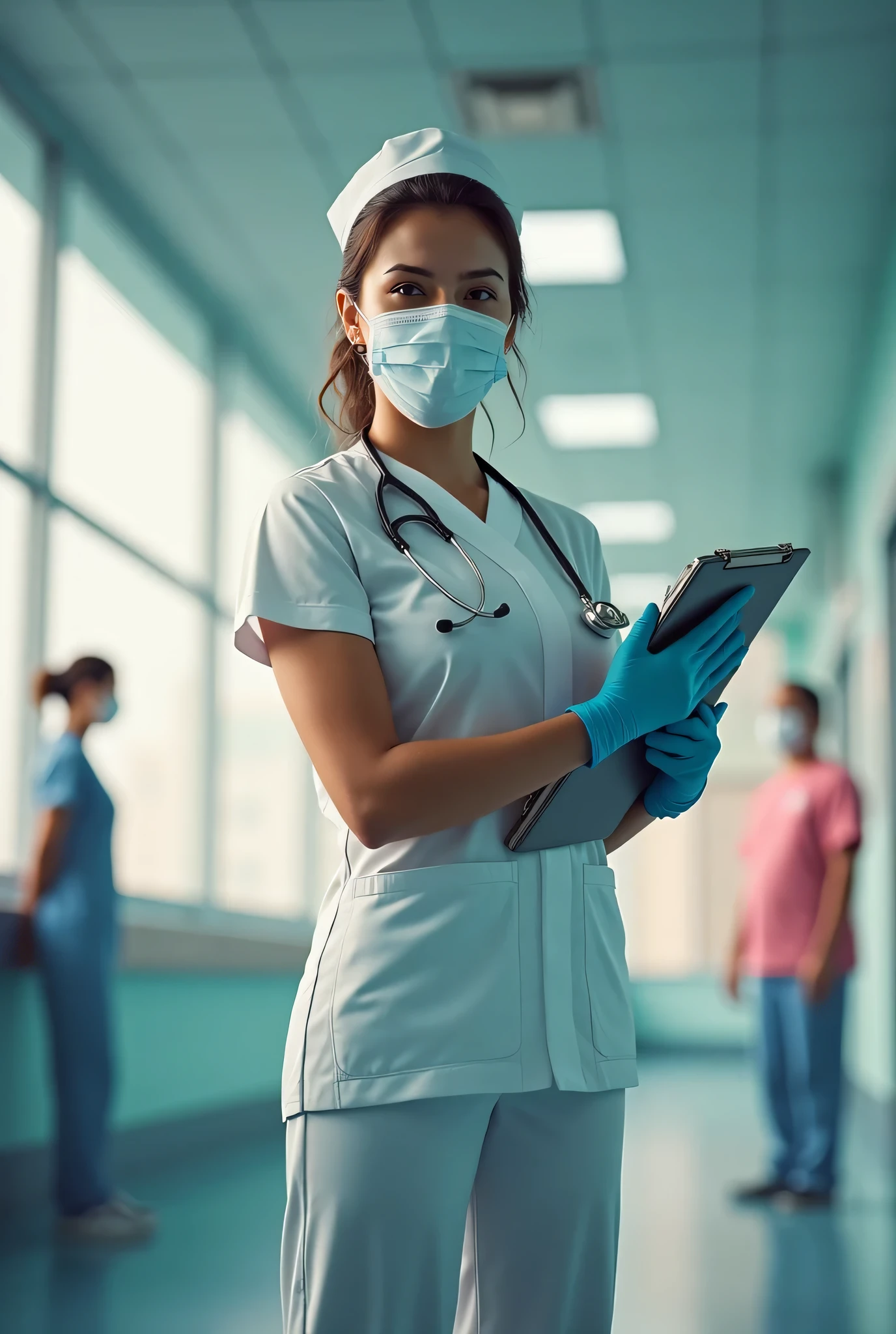 A scene in honor of International Women's Day featuring a nurse. The nurse is an Latin woman, standing bravely with a mask and glove, symbolizing the pilar of hospitals. She wears a traditional white uniform, her hair is neatly tied back, and she has a compatible stethoscope around her neck. In her hand is a clipboard, indicating her duty to monitor the health of patients. The background is Hospital filled with symbols of womanhood and empowerment, including the day international of all medicals people group