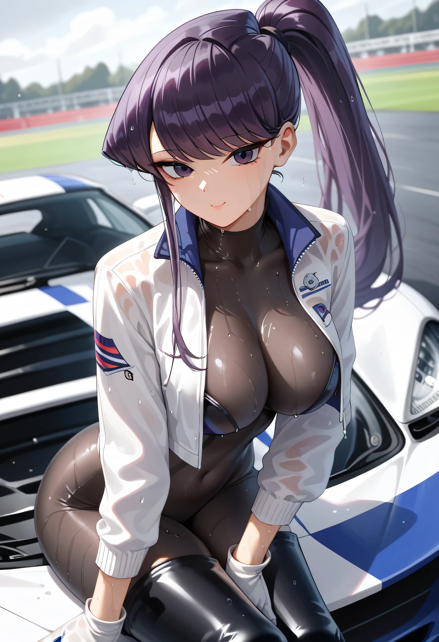 ((perfect hands)), ((perfect anatomy)), (((komi_shouko))), purple hair, ponytail, purple eyes, large breast, sports racing car, race track background, smiling, Porsche, sunset, blue sky, detailed hair, sit, 1girl, closed mouth, black bodysuit, cropped jacket, white jacket, long sleeves, two-tone gloves, thigh boots, close up