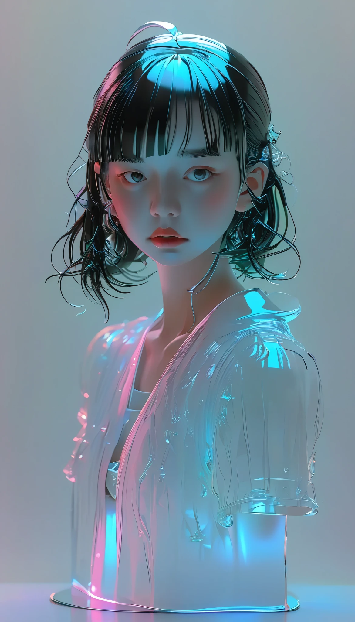 graphic design ,Goth,blank, 1 Color Glass Clear 3D Portrait Sculpture Statue 、Knee、Rough surface finish , Face Glowing Lines , simple background、 minimalism、 Beautiful Japanese High School Girl 、 straight hair 、bangs、 black hair、Idol、Dark Background、chamfer