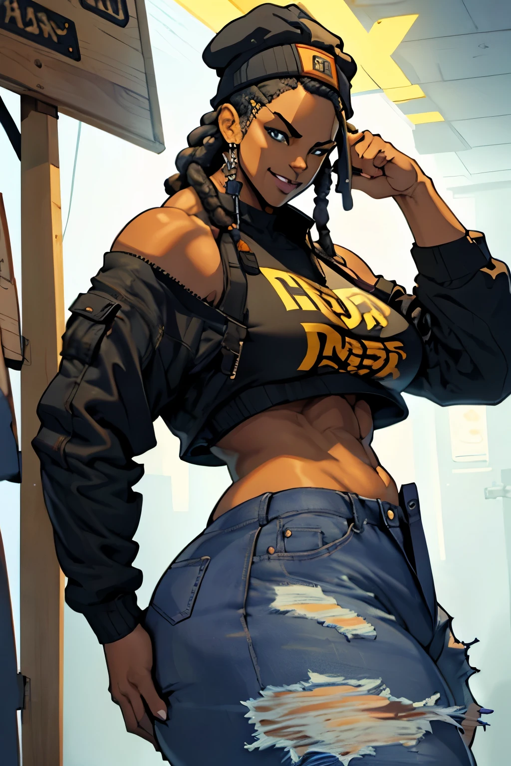 a dark-skinned girl with dreadlocks wearing a crop top, ripped jeans, and a backwards cap, making an okay sign, extremely busty, dark nipples, ear piercings, smiling, thick thighs, cinematic lighting, dramatic colors, high contrast, extremely detailed, 8k, masterpiece