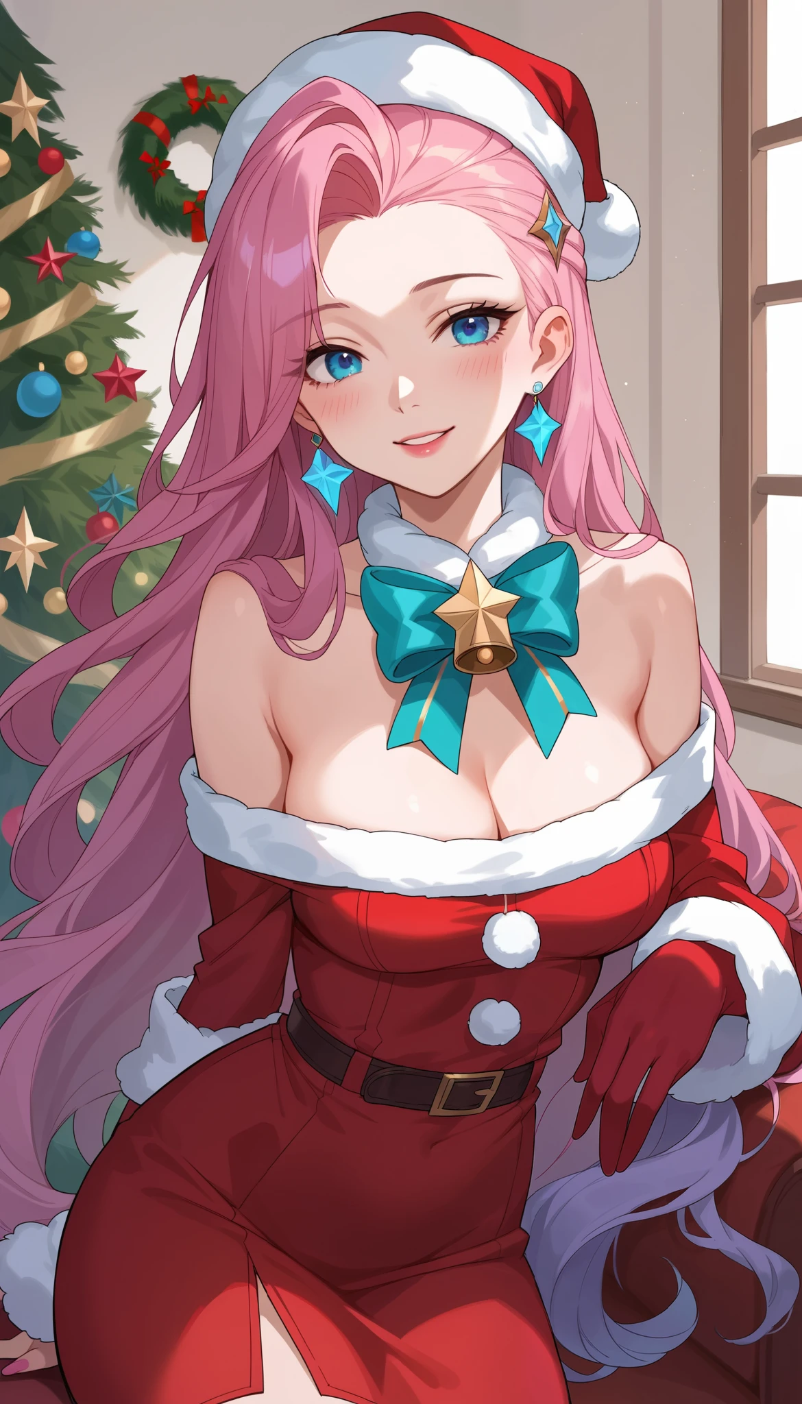 score_9, score_8_up, score_7_up, BREAK source_anime, best quality, masterpiece, uncensored, 1girl, Seraphine_(league_of_legends) league_of_legends, Seraphine, blue eyes, pink hair, very long hair, indoors, Christmas, (Christmas clothes), on the indoors, (ahead), looking at the viewer, (aligned), seductive smile, seductive,