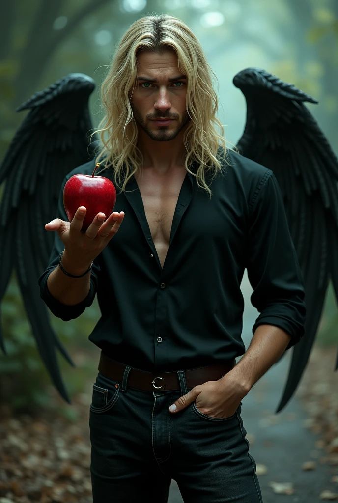 Handsome man with a beard and phoenix wings eating a diamond apple while looking at a naked woman