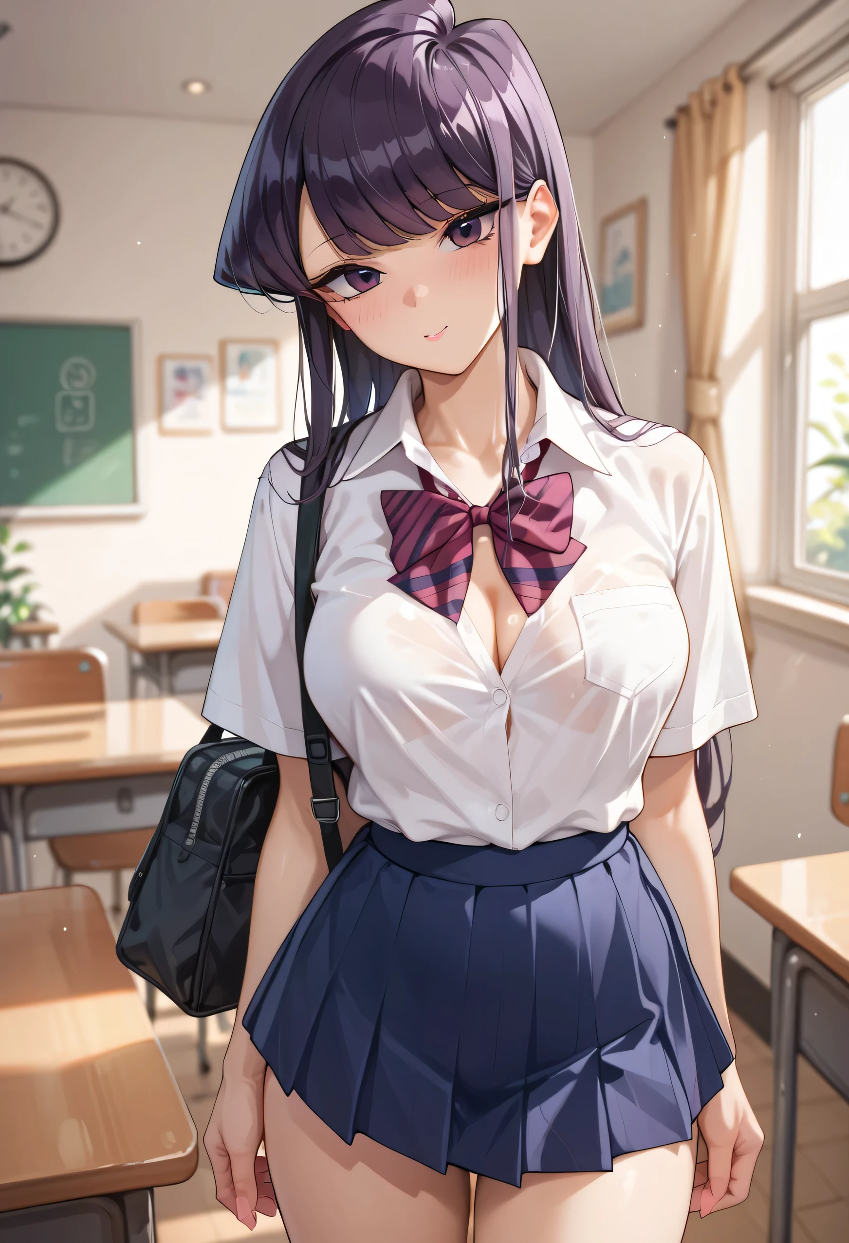 masterpiece、highest quality、Very detailed、Photograph the upper body、1 female、Are standing、Turn your body forward、View your viewers、(school uniform,shirt,miniskirt)、blush、shy、pink long hair:1.4、Open your mouth、classroom、Big Breasts、