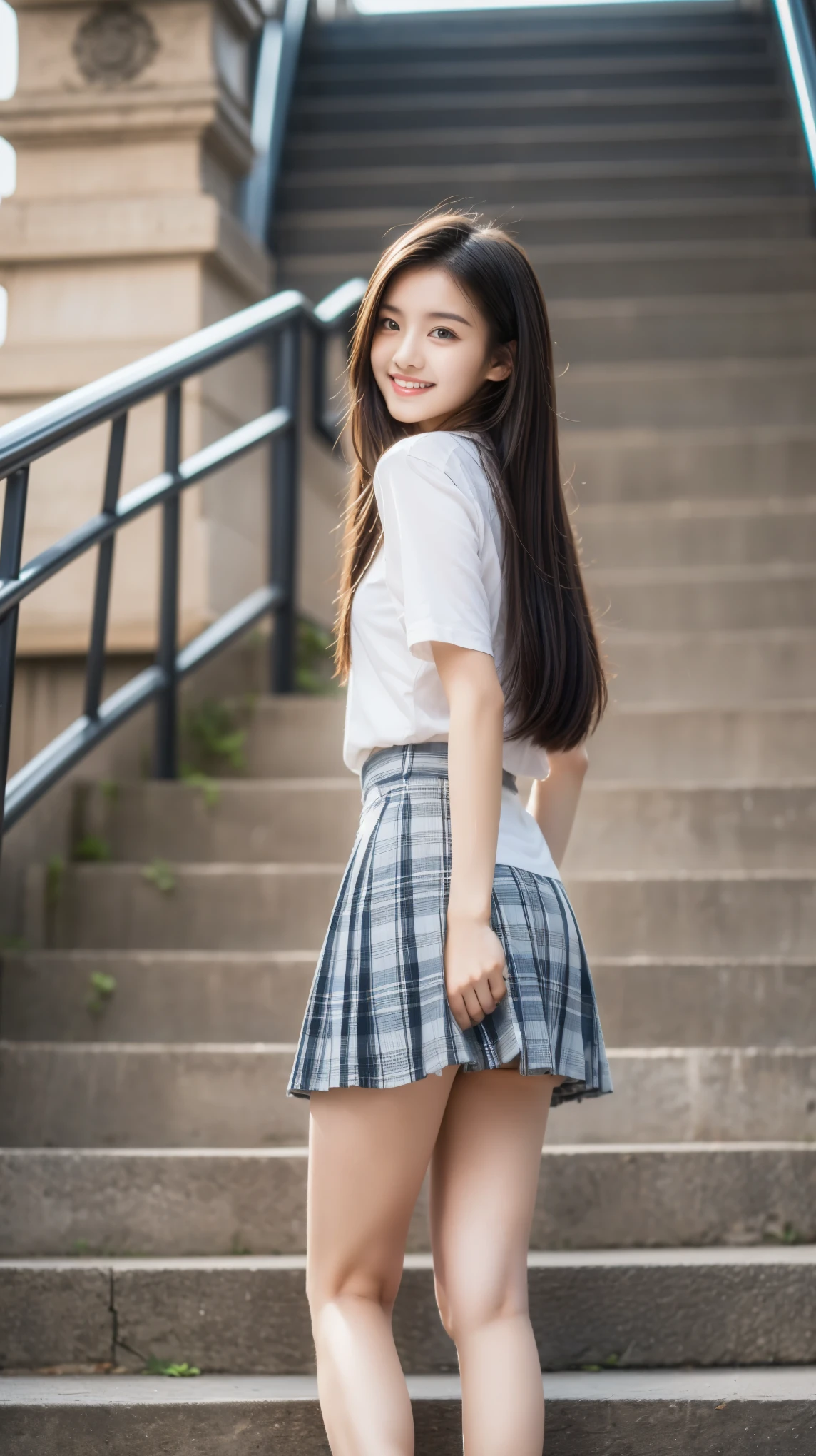 ((  masterpiece on penis )),((( top quality))), thin thighs , long legs , A girl in her first year of high school is standing on the steps of the school, white shirt, Blue and Red Plaid Mini Skirt :1.5, Best Smile ,Short-haired blonde:1.5， wears sneakers， Standing in the back :1.5，