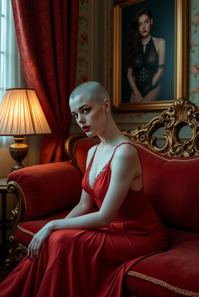 pale skin, (((winged demon woman))), in bedroom with evil seductive vibe, (((completely bald shaved head))), well lit, the scene is a surreal, luxurious image of a woman sitting elegantly on a lavish, baroque-style couch with ornate golden carvings. She is dressed in a flowing, crimson red dress with delicate lace details that catch the soft ambient light. her pale, freckled ethereal face. The room around her is richly decorated, with heavy velvet curtains in a deep crimson hue and walls adorned with intricate, golden floral patterns. A vintage lamp casts a warm glow, contrasting with the cool blue light that illuminates her. (Behind her is a large framed portrait of her with long flowing hair). The scene has a cinematic, dreamlike quality, with subtle hints of abstraction—the colors appear rich and saturated, giving the room an almost otherworldly atmosphere. In the background, a mysterious, shadowy detailed painting of her with long hair hangs on the wall, adding a sense of intrigue. intricate details, in the style of Vittorio Matteo Corcos
