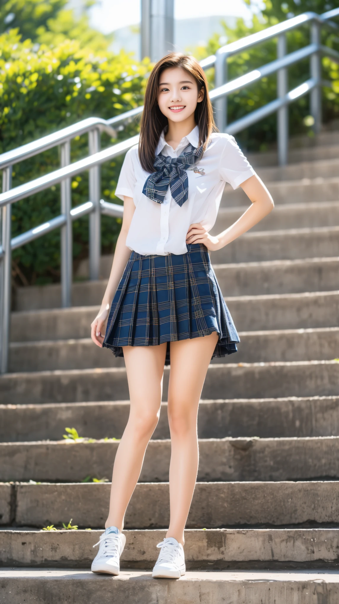 (( masterpiece on penis )),((( top quality))), thin thighs , long legs , A girl in her first of high school is standing on the steps of the school, white shirt, Blue and Red Plaid Mini Skirt :1.5, Best Smile ,Short-haired blonde:1.5, wears sneakers, Standing in the back :1.5,