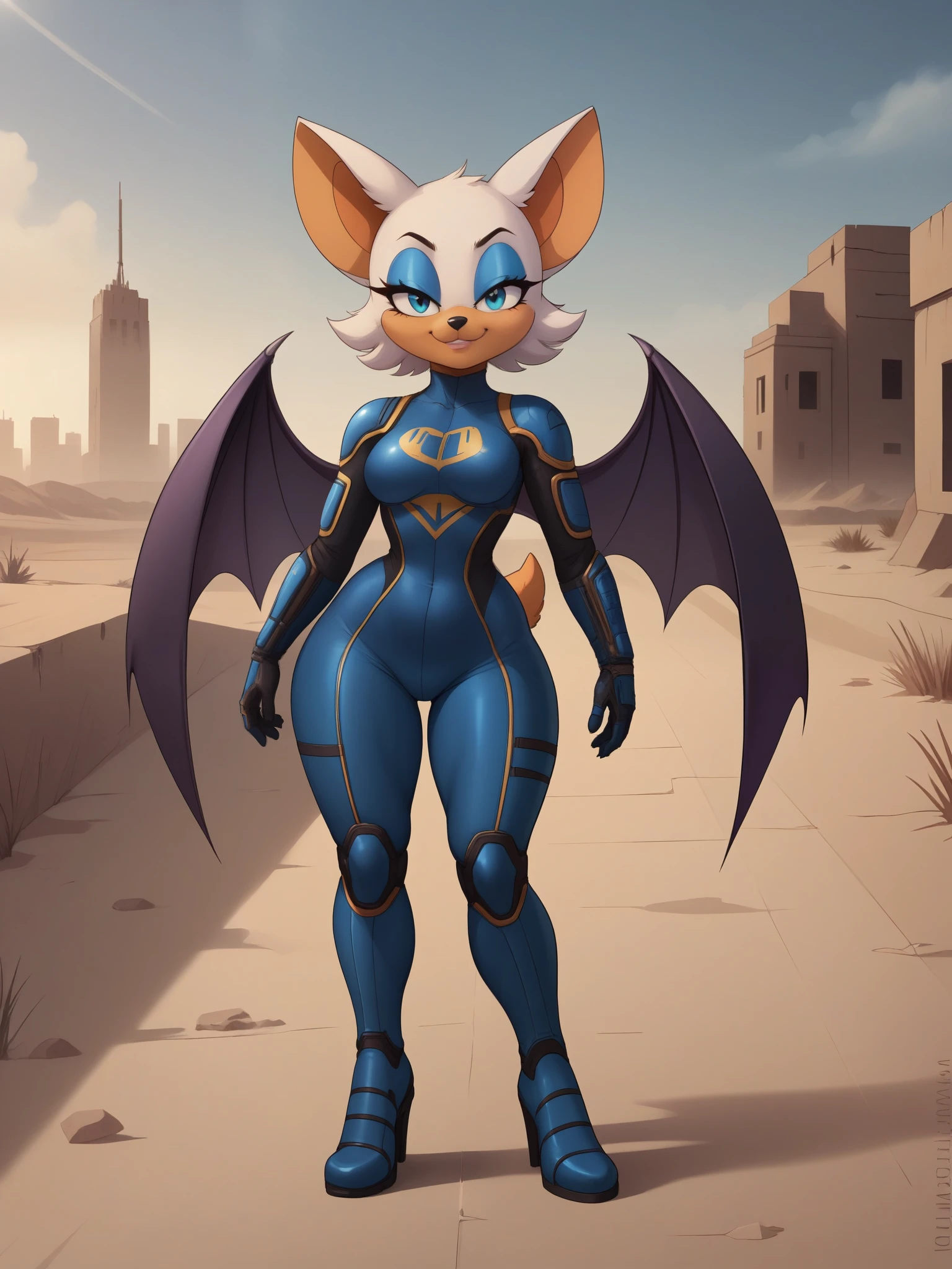 [Rouge the bat], ((furry)), ((solo portrait)),((full body)), ((feet visible)), ((detailed fur)),  ((intricate details)), {anthro, (white fur), (orange skin), black nose, bat ears, cute blue eyes, (half-closed eyes), (blue eyeshadow), short tail, small saggy breasts,. (huge hips), (beautiful legs), (smug smirk)}, fallout suit. desert. city. ruins.