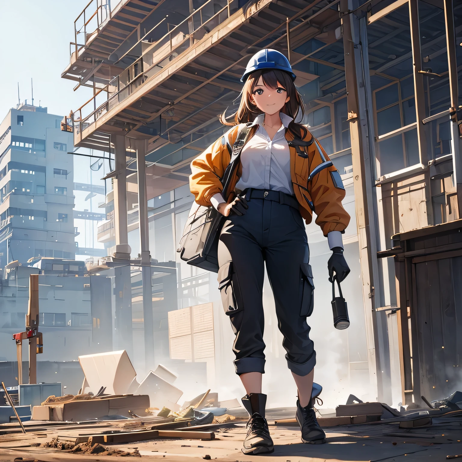 Top quality, Best picture quality, 1080p, 8K, Masterpiece, First class, (Perfect face), Front view, (Full body), Woman in 20s, Brown hair, Looking at camera, Blue sky and white clouds in background, Kyoto animation style, Farmer, Personal, Health, At construction site, Wearing long sleeve shirt, cargo pants, safety helmet, Strong pass in hand (High Quality,Farmer,Individual,Health),(Perfect Face: 1. 1),(Attention to Detail: 1.1),(Perfect Face: 1. 1),(Attention to Detail: 1. 1) (High Resolution,4 K,Best Quality: 1.2),Highly detailed,( Realistic: 1. 37),Large Construction Site,Professional,Industrial Lighting,Vivid Colors,Blurring,Strict Atmosphere Construction Worker],[City],[Dynamic Pose],[Powerful Construction Method],[Safety Equipment],[Concrete],[Crane],[Dust and Rubble],[Blueprint],[Construction machinery],[steel frame],[helmet],[military gloves],[scaffolding],[construction site sign],[noise and activity],[yellow caution tape],[sunlight and shadows],[busy workers],[dirt and mud],[construction vehicles],[workers], hope this professional prompt will help you create beautiful detailed images of these women working on a construction site I hope this will help you to create beautiful detailed images of these women working on a construction site.1), (clear horizontal plastic employee ID with red string around neck), successful, business casual, big smile with mouth wide open.