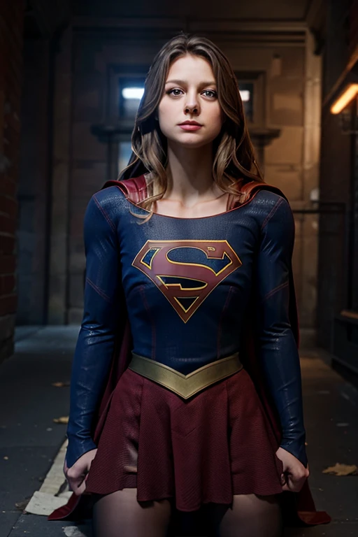 Foto de jortega, vestida em uniforme de supergirl, somente, olhos azuis, Corte de pelo bob inverso, seios grandes, facing-camera, Corredor exterior aberto com paredes e pisos de pedra, atmosfera acolhedora, Cineasta, Photo Session, Capturado pela Panavision Panaflex Platinum Camera com Panavision Primo Primes 75mm T1 Spherical Lens.9